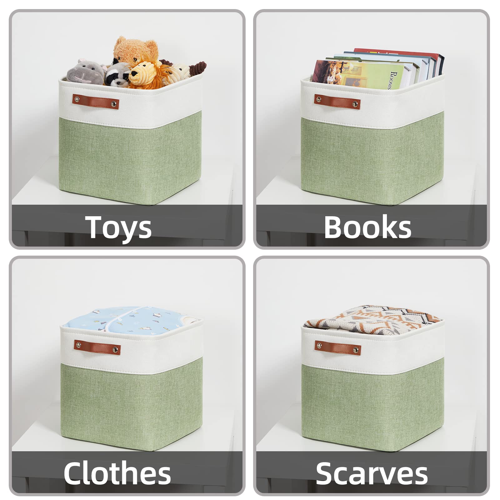 HNZIGE 4-Pack Fabric Storage Cubes - 12x12 Inch Decorative Organizer Bins for Shelves, Kids Toys, Pet Supplies | Versatile Home & Office Storage Solutions (Green & White)