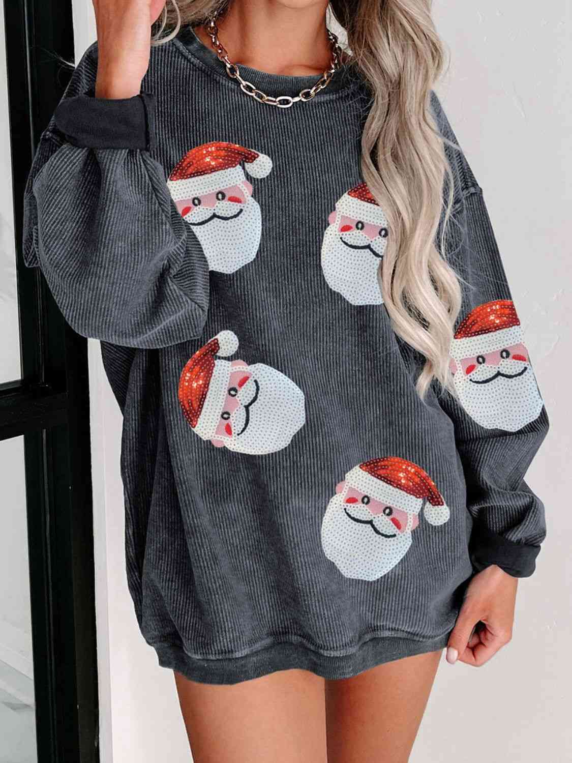 Festive Sequin Santa Patch Ribbed Sweatshirt - Christmas Holiday Pullover for Women & Teens - Perfect for Ugly Sweater Parties & Winter Celebrations