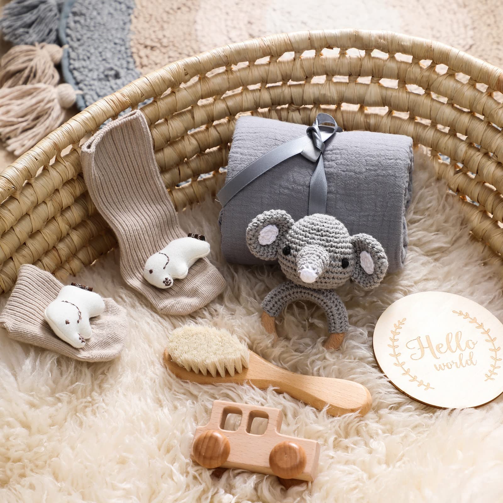 6-Piece Newborn Baby Gift Set for Boys & Girls - Baby Shower Essentials with Blanket, Rattle & Bath Items | Perfect for Newborn Gifts, Baby Showers & First Birthday Presents (Gray Elephant-5)