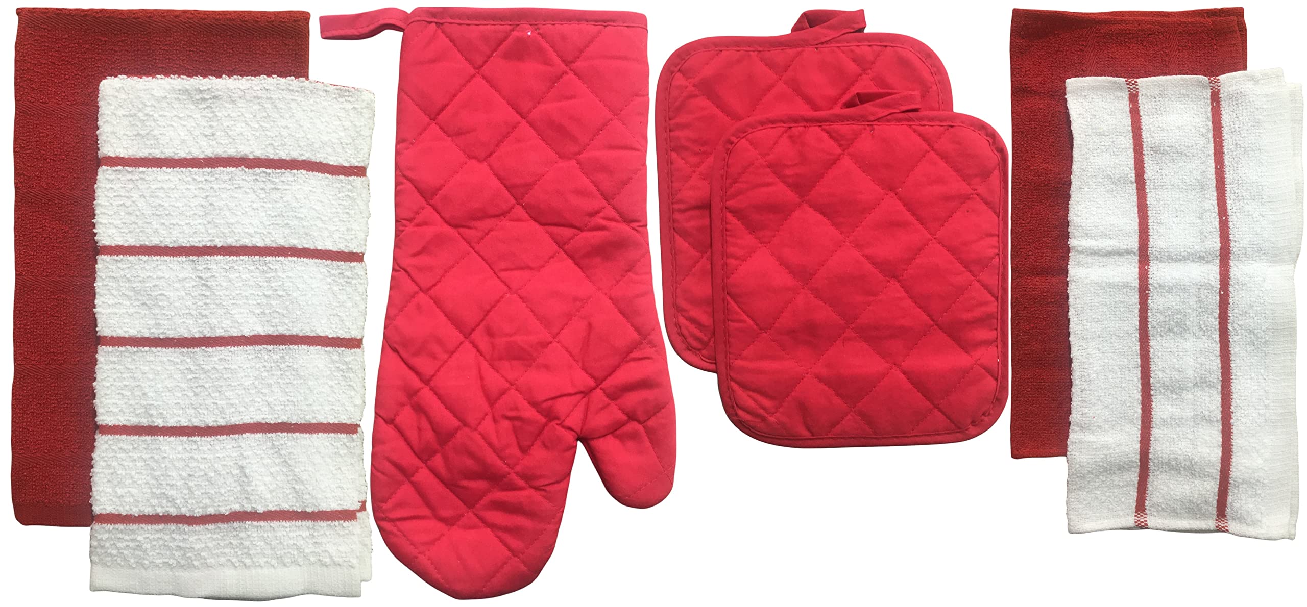 7-Piece Premium Cotton Kitchen Set - 2 Kitchen Towels, 1 Oven Mitt, 2 Pot Holders & 2 Dishcloths (Red) - Perfect for Cooking, Baking & Home Decor