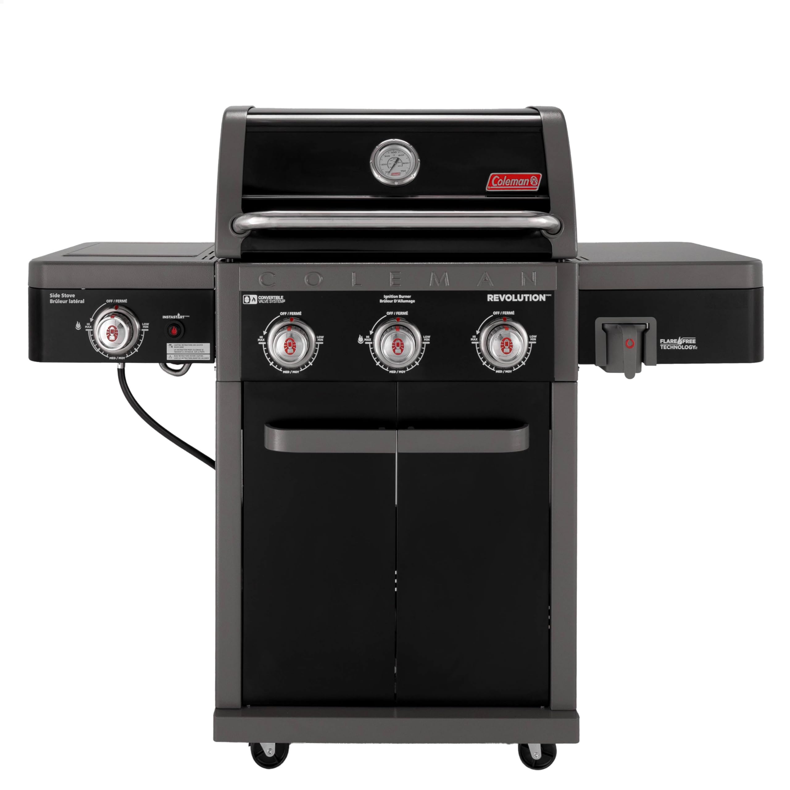 **Coleman Revolution 3-Burner 45,000 BTU Portable Propane Gas Grill with Side Burner – 650 Sq. In. Cooking Surface, Flare-Free Grates & 4-Wheel Cart – Black/Gray – Ideal for Camping, Tailgating & Backyard BBQs**