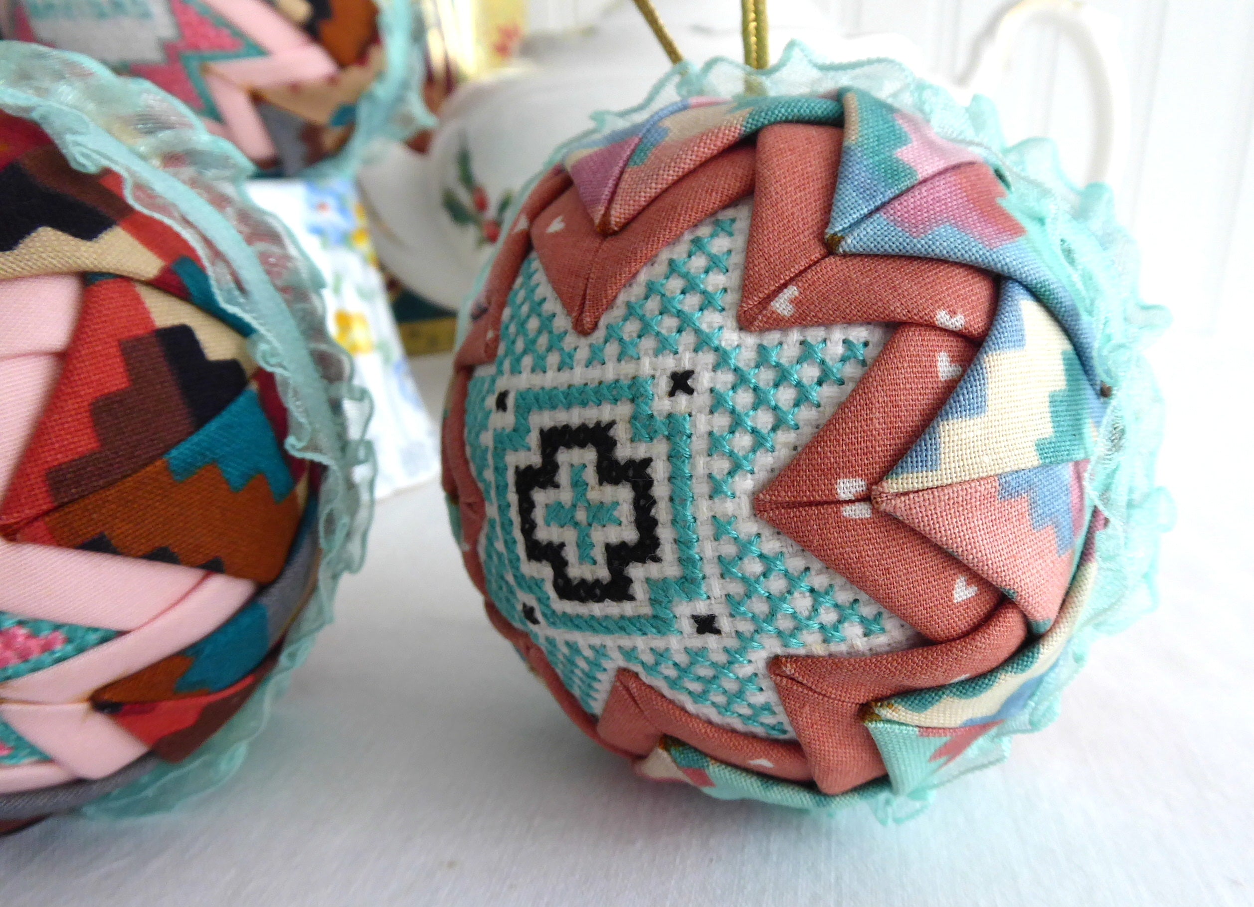 Handmade Cross Stitch Christmas Ornaments Set of 5 - Aqua, Salmon Pink & Burgundy Patchwork Decorations for Holiday Tree, Gift Giving & Festive Home Decor