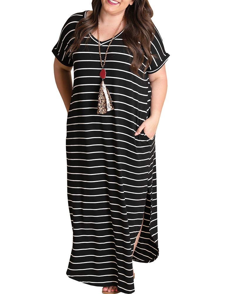 **Tongmingyun Women's Plus Size Maxi Dress - Striped V-Neck Short Sleeve Casual Summer Long Dress with Pockets | Beach, Vacation & Everyday Wear**