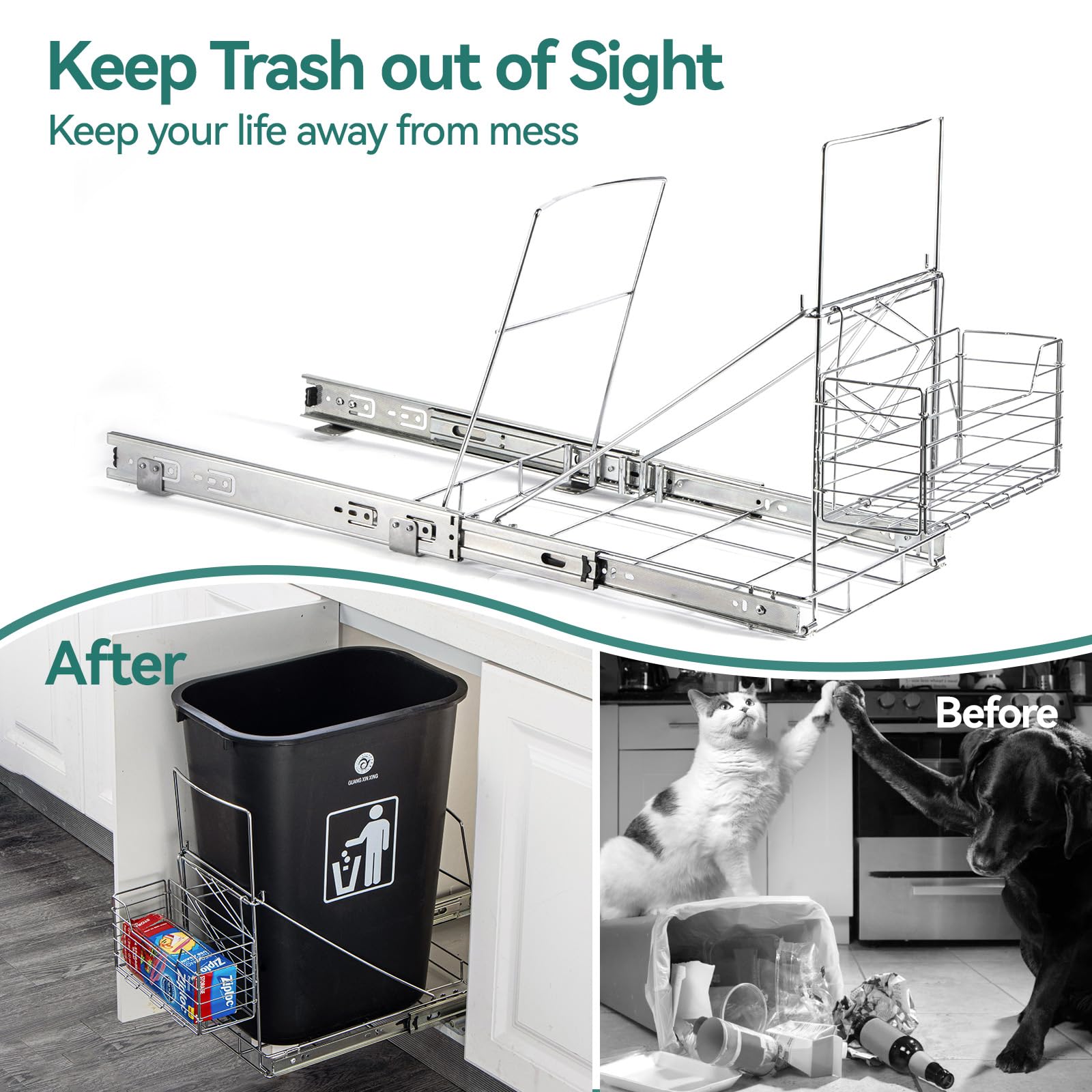 Under Cabinet Pull Out Trash Can Kit - Adjustable Slide Out Garbage Bin Organizer with Removable Basket for 7-11 Gallon Trash Cans (Trash Can Not Included) - Perfect for Kitchen, Bathroom & Office Organization