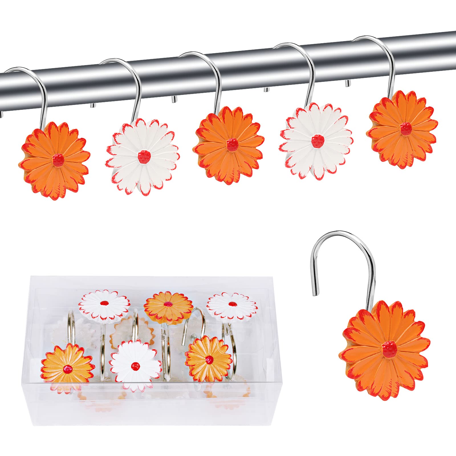 BEAVO Rustproof Resin Rose Flower Shower Curtain Hooks - Set of 12 Decorative Bathroom Hooks for Shower Rods & Curtains - Sunflower Design - Perfect for Home, Hotel, and Spa Bathroom Decor