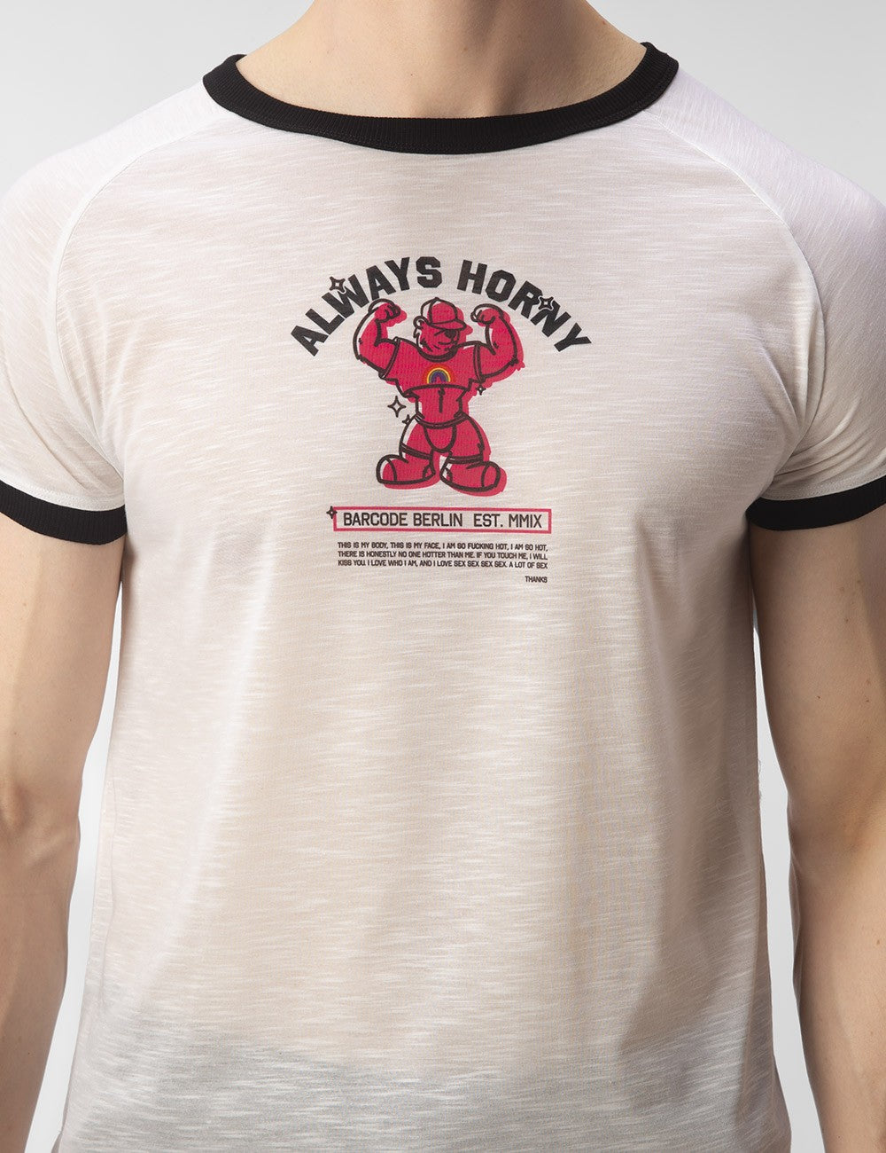 Barcode Berlin Always Horny Pride Bear T-Shirt - White | LGBTQ+ Pride Graphic Tee for Men & Women | Casual Wear, Festivals & Pride Events