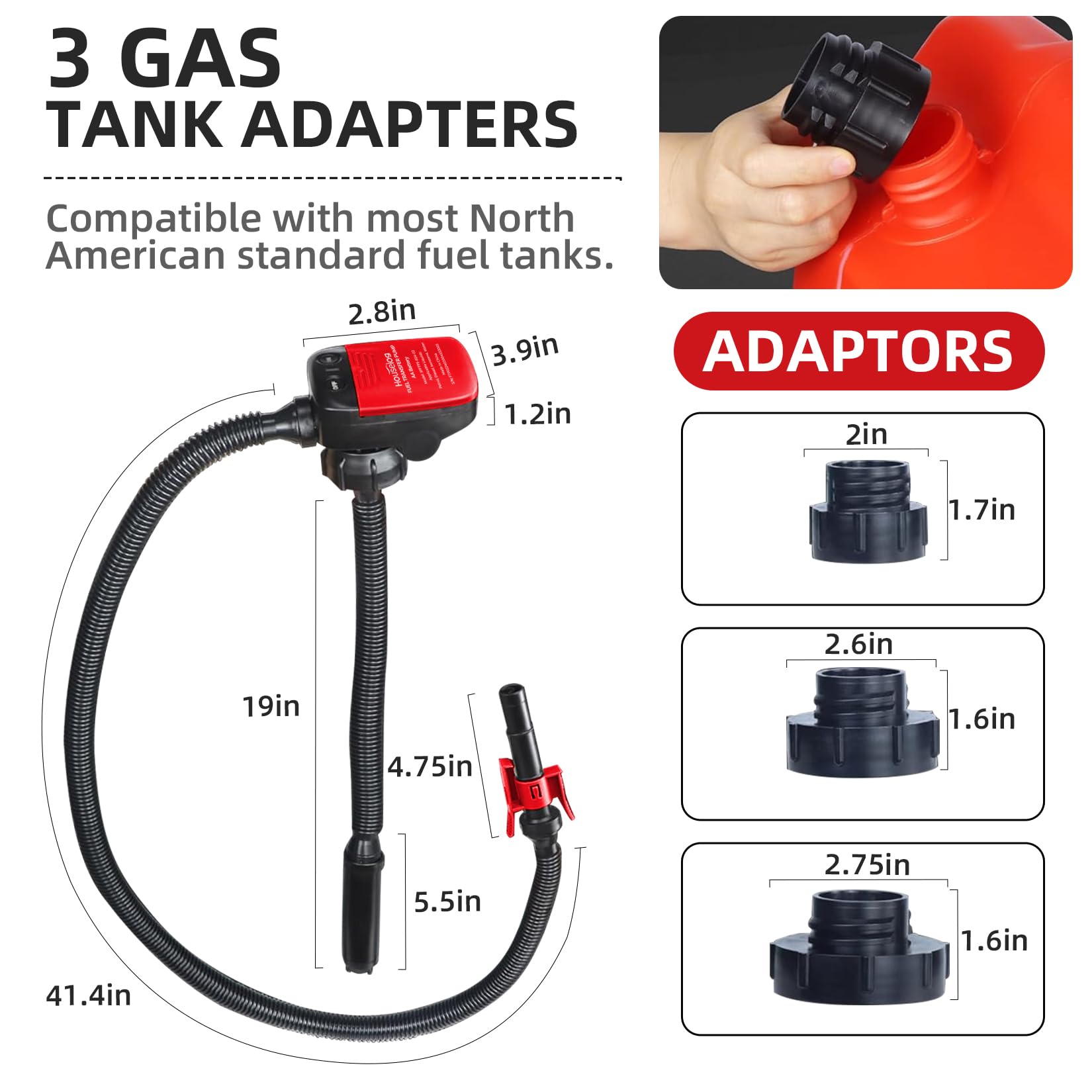 Automatic Fuel Transfer Pump with Auto-Stop Sensor (2.4 GPM) - AA Battery Powered Portable Gasoline & Diesel Pump with 3 Adapters - Ideal for Gas, Diesel, Kerosene Transfer - Perfect for Emergency Fueling, Farm Equipment, Marine Use & RV Maintenance (Batteries Not Included)