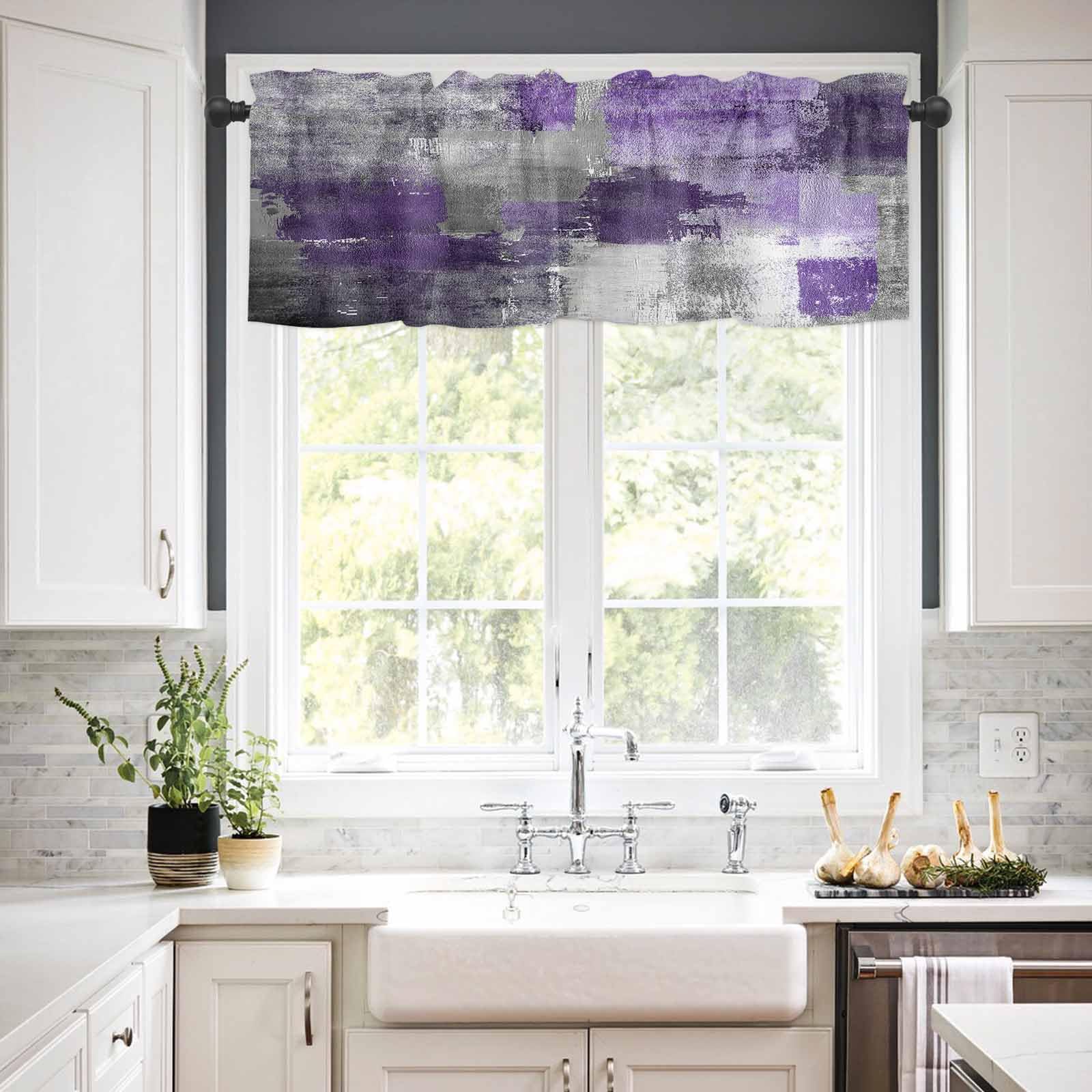 Abstract Geometric Window Valance - 54 x 18 Inch Rod Pocket Curtain Topper in Purple, Gray & White | Modern Art Drapes for Kitchen, Cafe & Living Room Decor | Perfect for Home, Office & Restaurant Window Treatments