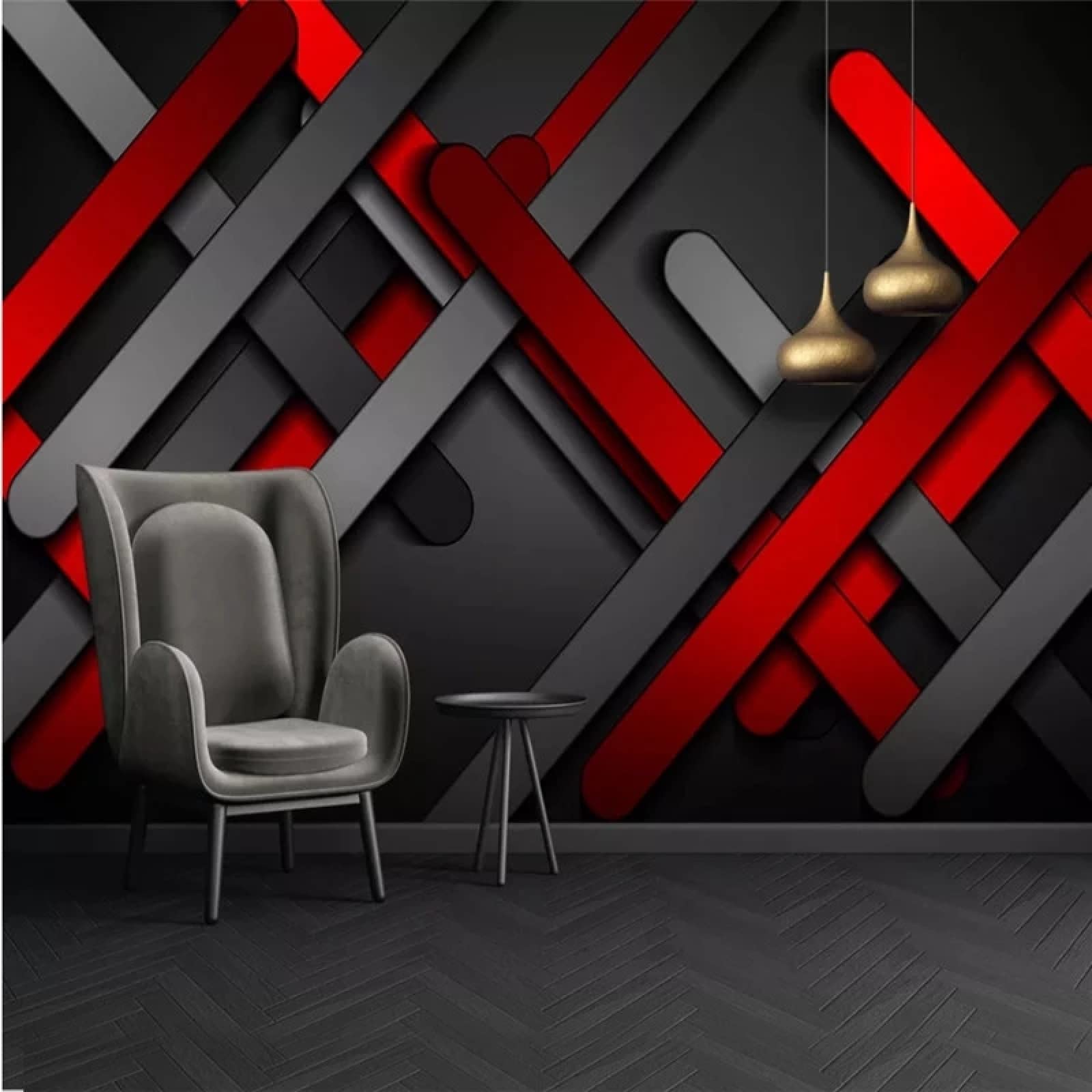 Modern Abstract Geometric 3D Wall Mural - Red Golden Metal Plates Design for Bedroom, Living Room & TV Wall Decor | 118