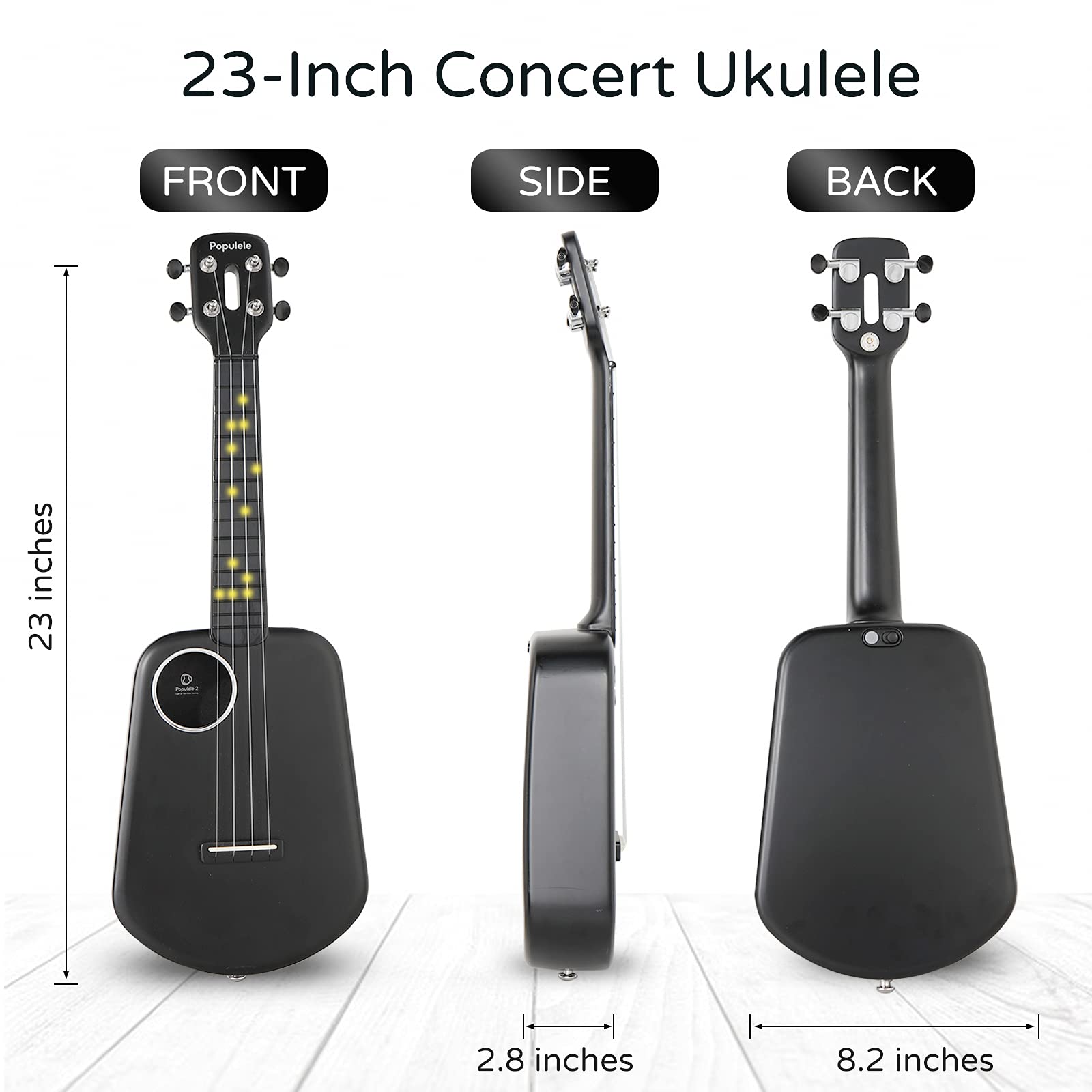 Populele Smart Concert Ukulele 23 Inch - Carbon Fiber Body with 72 LED Lights, Free Online Lessons & App Song Library, Built-in Auto Tuner, Includes Gig Bag, Strap & Nylon Strings - Perfect for Beginners, Family Fun, Travel, Birthday Gifts & Music Lovers
