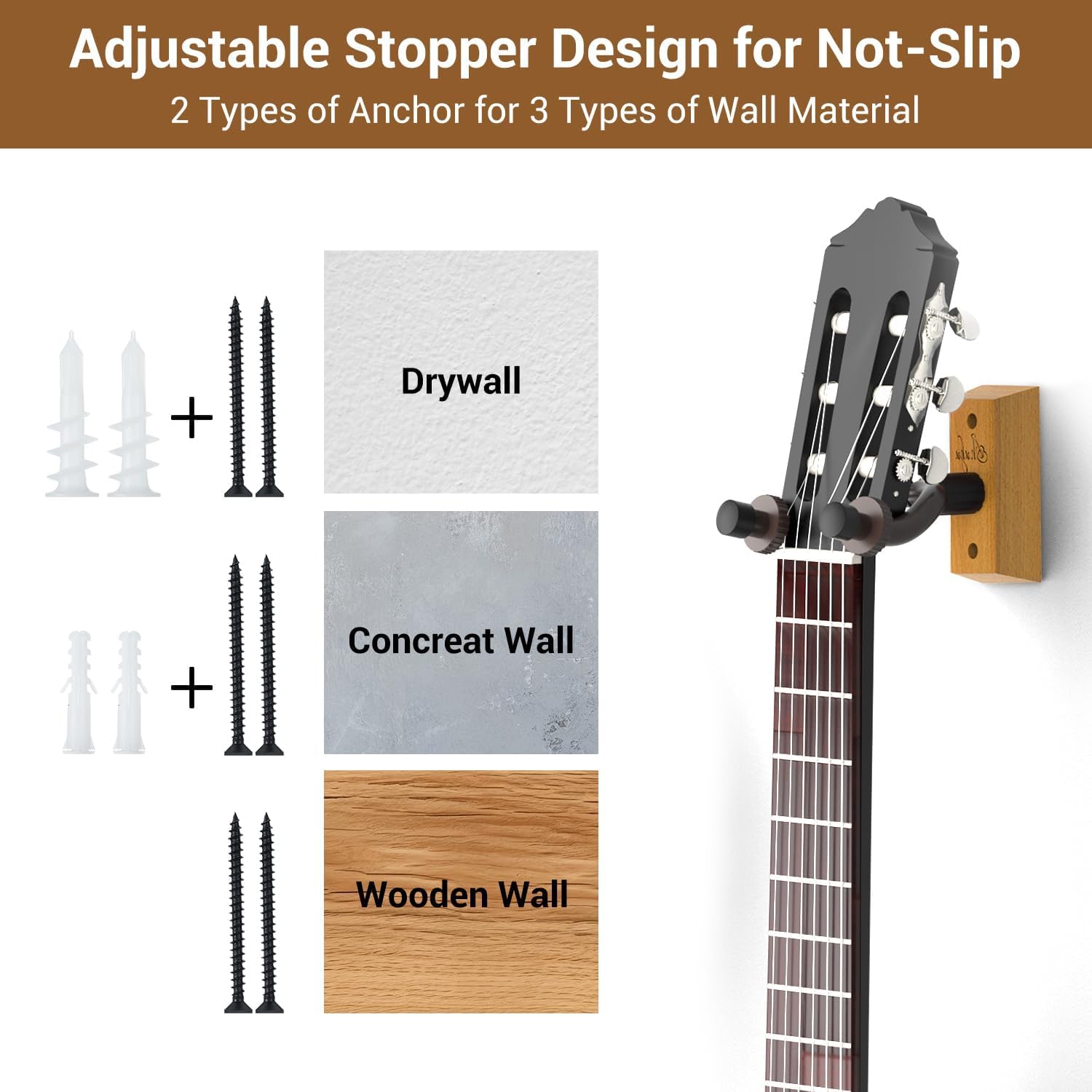 Ohuhu 2-Pack Rotatable Hardwood Guitar Wall Hanger with Screws - Adjustable Stopper Hook Holder for Acoustic, Electric Guitar, Bass, Banjo, Ukulele & Mandolin - Perfect for Home, Studio & Music Room Organization (Natural Wood)