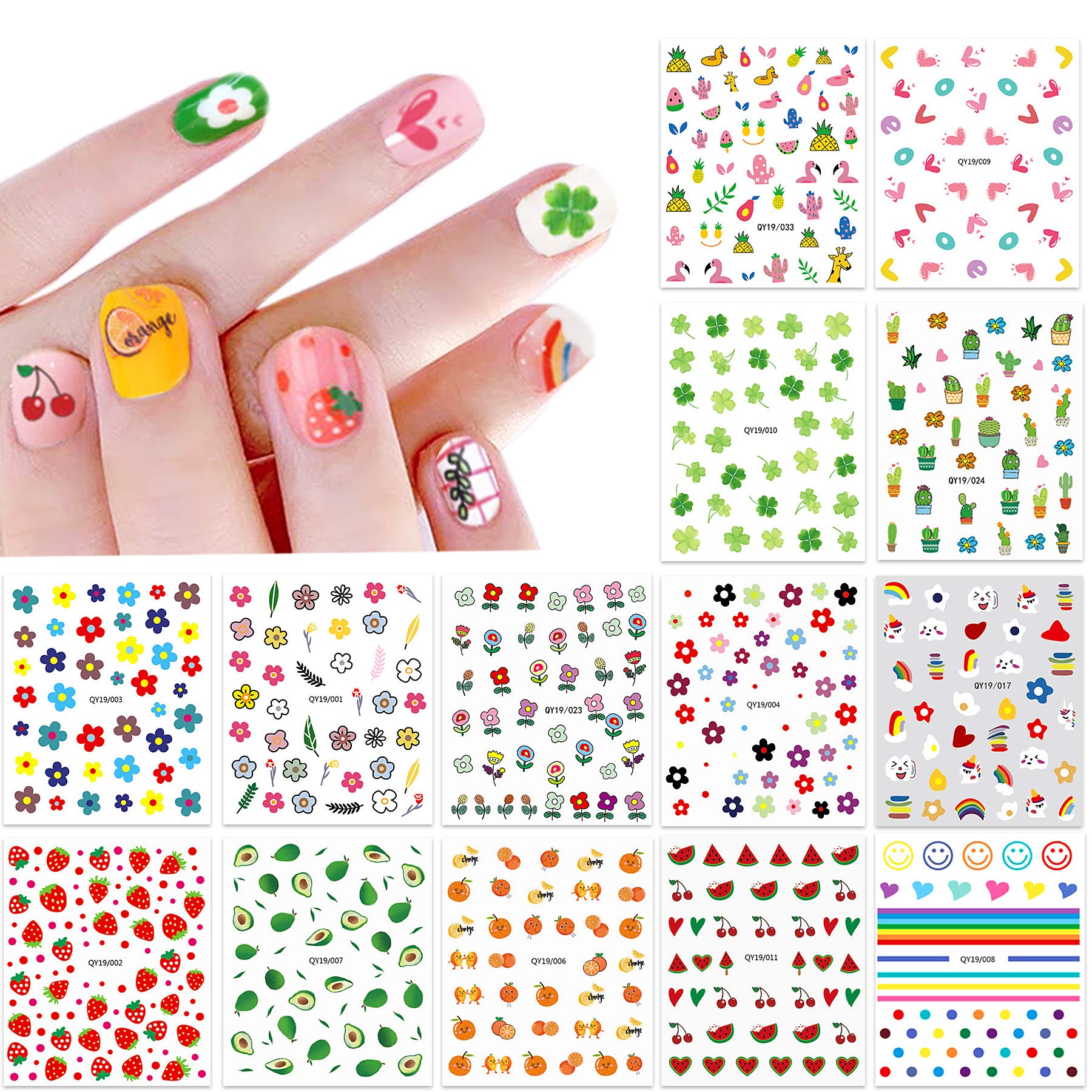 14 Sheets 3D Self-Adhesive Nail Stickers for Women & Girls - DIY Nail Art Decals with Hearts, Fruits, Flowers, Animals & Rainbow Designs | Perfect for Parties, Salons, Gifts & Home Manicures