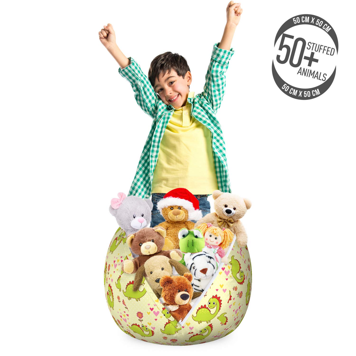 Ambesonne Dinosaur Toy Storage Bag Chair - Washable Stuffed Animal Organizer with Dinosaur & Floral Print, Small Size Green & Yellow - Perfect for Kids' Room, Playroom & Toy Organization