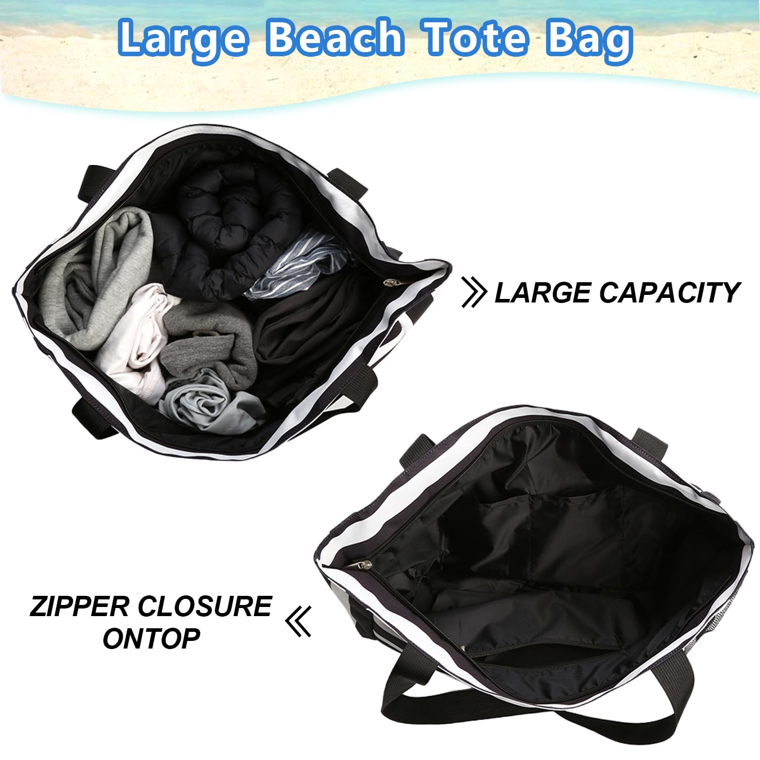 Waterproof Large Beach Tote Bag for Women with Zipper - Swim Pool Bag for Travel, Vacation & Summer Outings - Perfect for Beach Trips, Pool Parties and Weekend Getaways