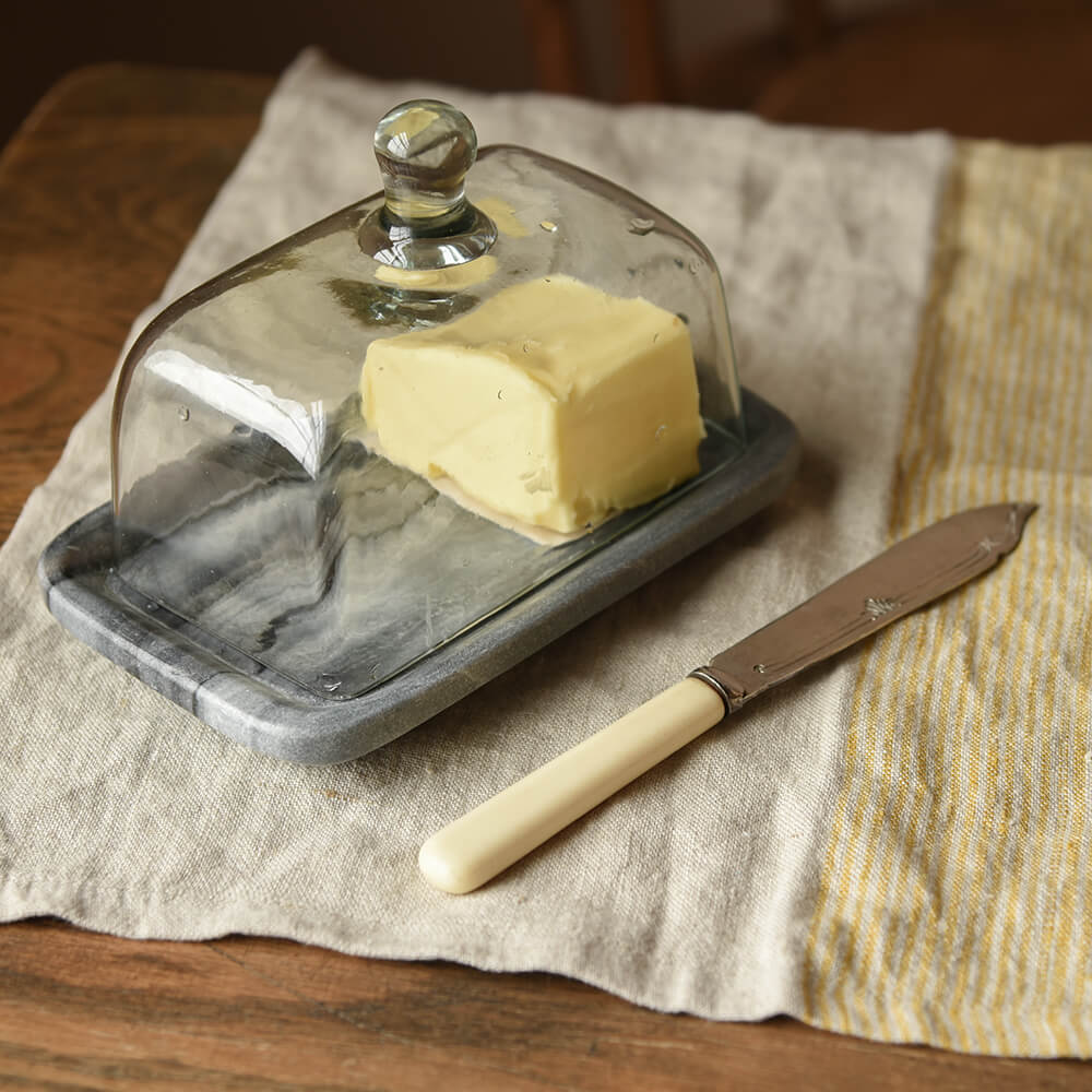 Grey Kallso Marble Butter Dish with Lid - Elegant Stoneware Butter Keeper for Kitchen Countertop - Perfect for Dining Table, Breakfast Buffet, and Holiday Entertaining