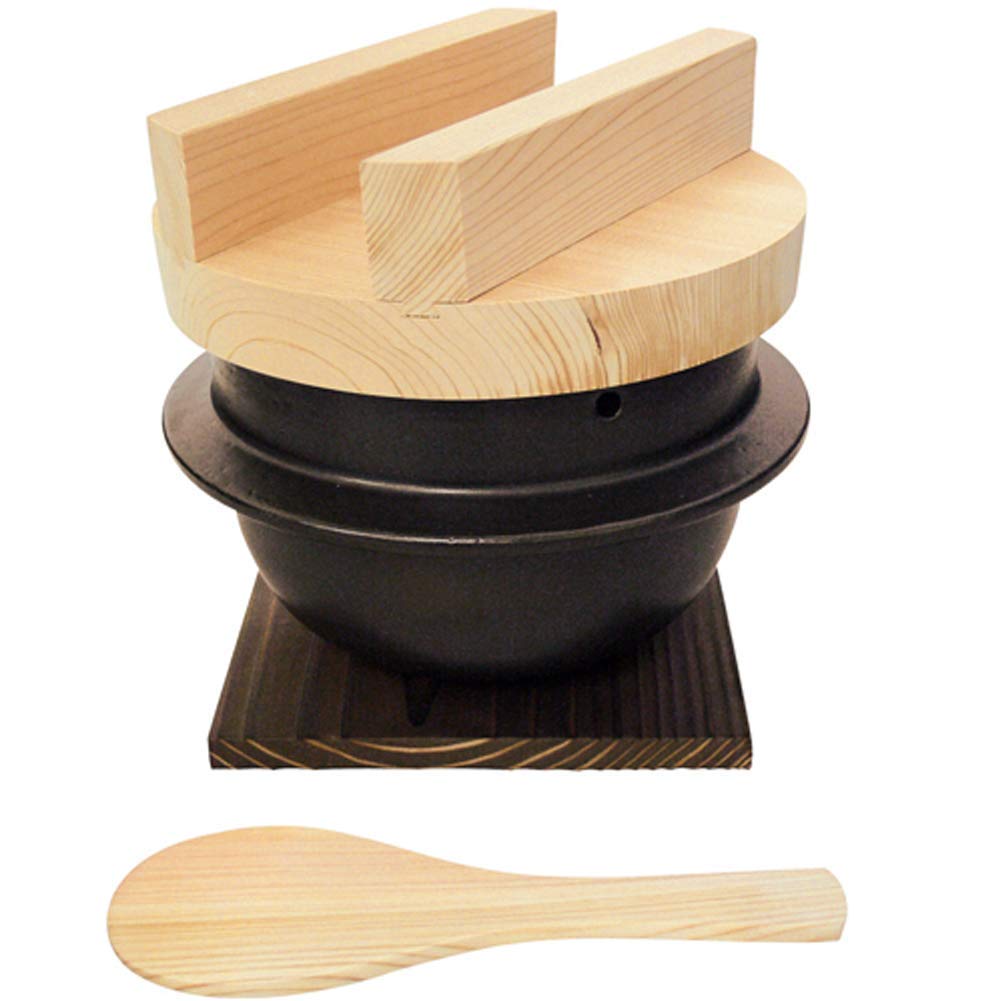 Premium Japanese Donabe Clay Rice Cooker Set - 3 Go (3 Cups) with Hinoki Wood Rice Scoop - Authentic Stovetop Pot for Sushi, Rice & Hot Pot Cooking