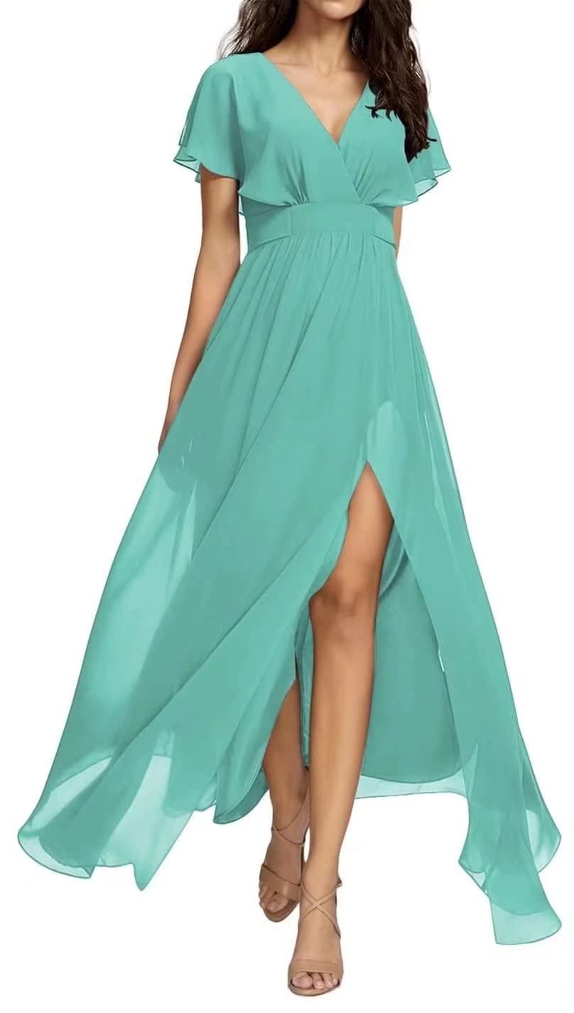 Yadressy Women's Long Sleeve Chiffon Maxi Dress with Slit & Ruffle Detail - A-Line Formal Evening Gown for Bridesmaid, Prom, Wedding Party & Special Occasions