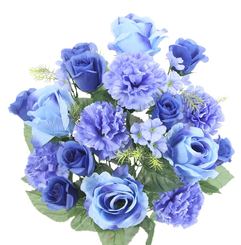 24 Stem Artificial Flowers Roses & Carnations Mixed Bouquet - Faux Floral Arrangement for Indoor Wedding, Home Decor, Spring Centerpiece, and Cemetery Grave Decorations - Blue