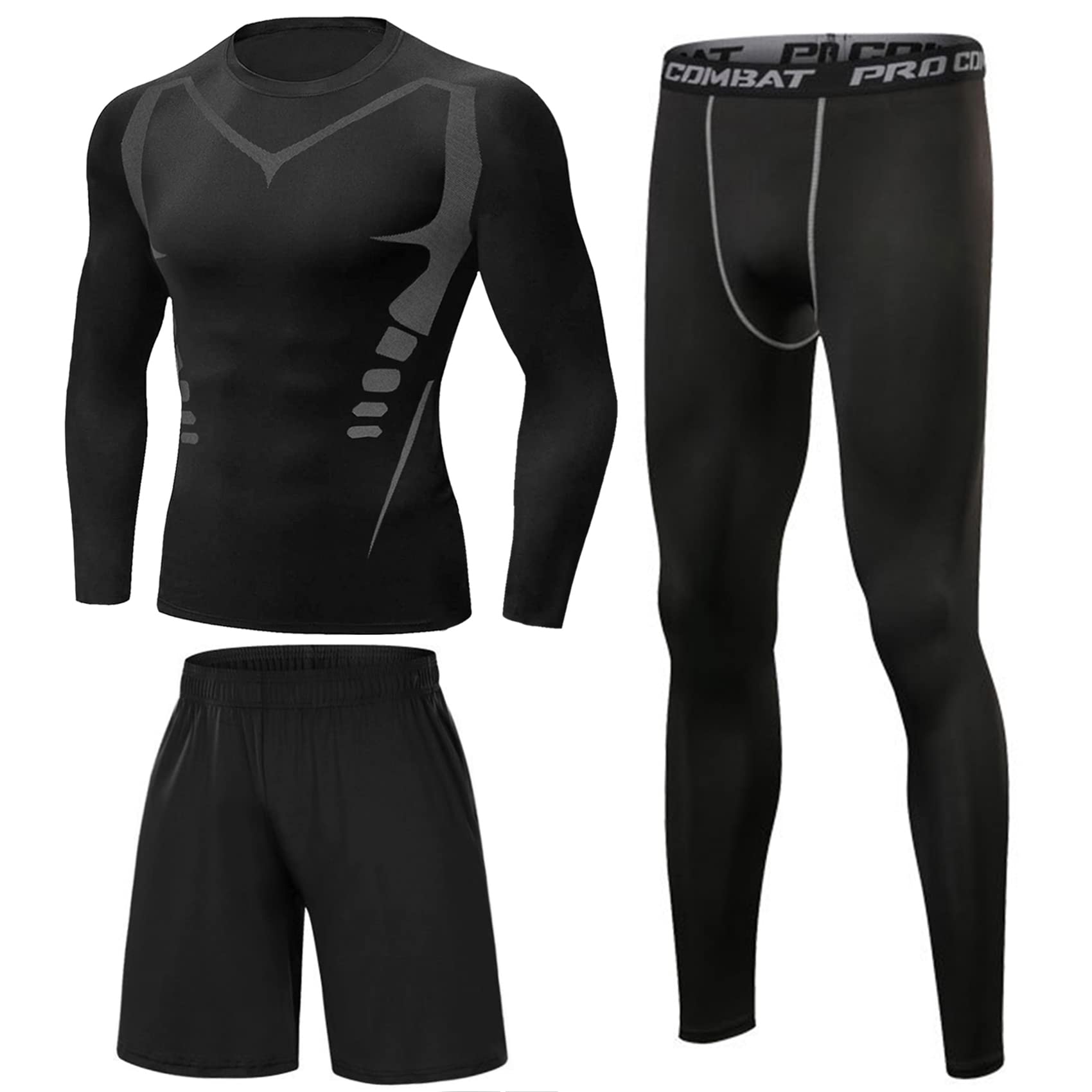 Terecey 3-Piece Men's Compression Running Suit Set - Long Sleeve Top, Breathable Leggings & Workout Shorts with Pockets for Running, Fitness, Gym Training | Moisture-Wicking & Comfort Fit S-XXL | Perfect for Marathon Training, HIIT Workouts & Outdoor Sports