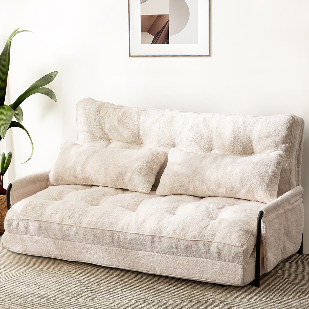 MAXYOYO Adjustable Floor Sofa Couch with 2 Pillows - Boucle Convertible Lazy Sofa Sleeper Bed with Armrest - Double Size Beige Fabric - Perfect for Small Spaces, Living Rooms & Guest Beds