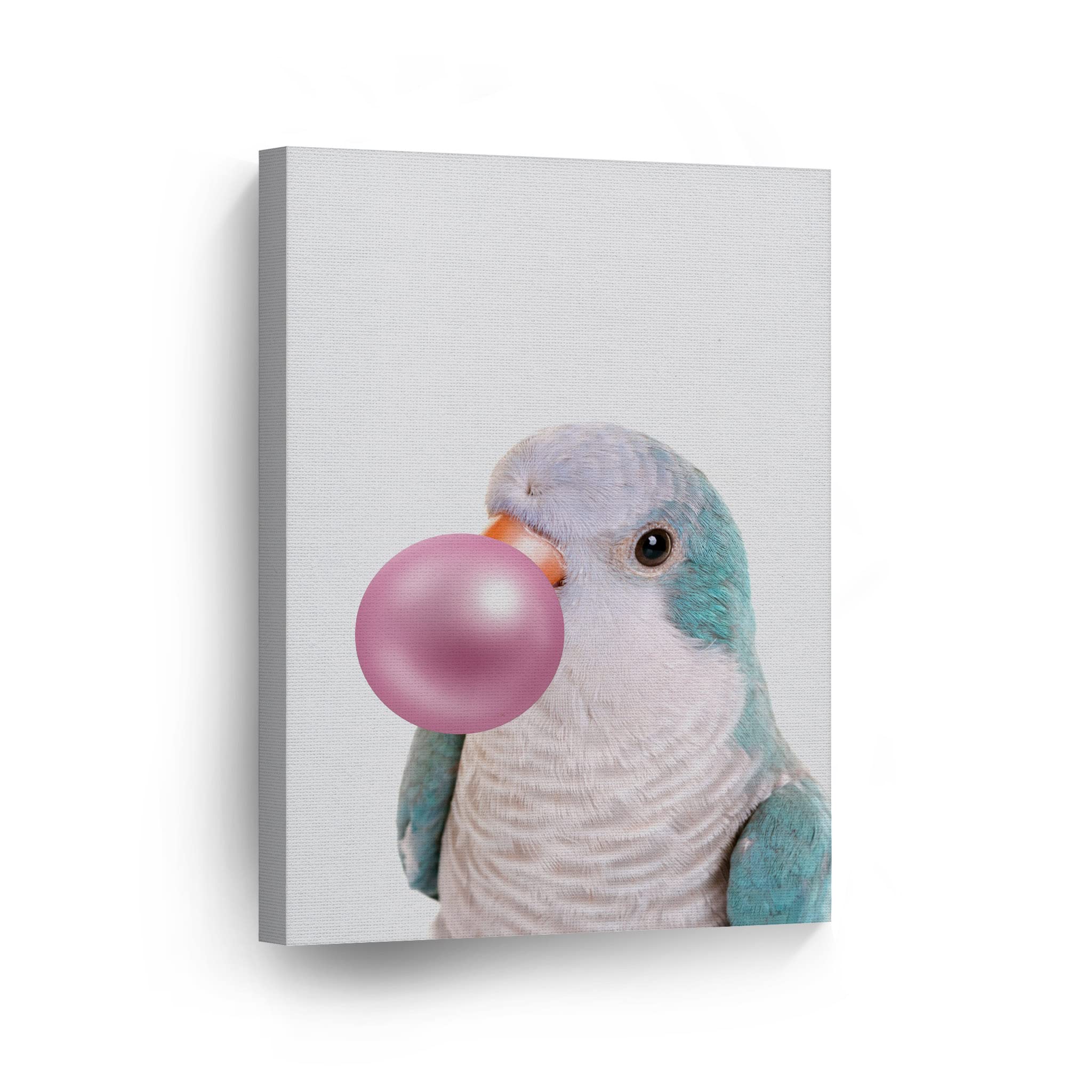 Monk Parakeet Quaker Parrot Chewing Pink Bubble Gum Canvas Wall Art Print - 36x24 Inch Pet Bird Lover Gift, Animal Pop Art Decor for Living Room, Bedroom, Nursery & Kids Room - Perfect for Bird Enthusiasts & Unique Home Decor