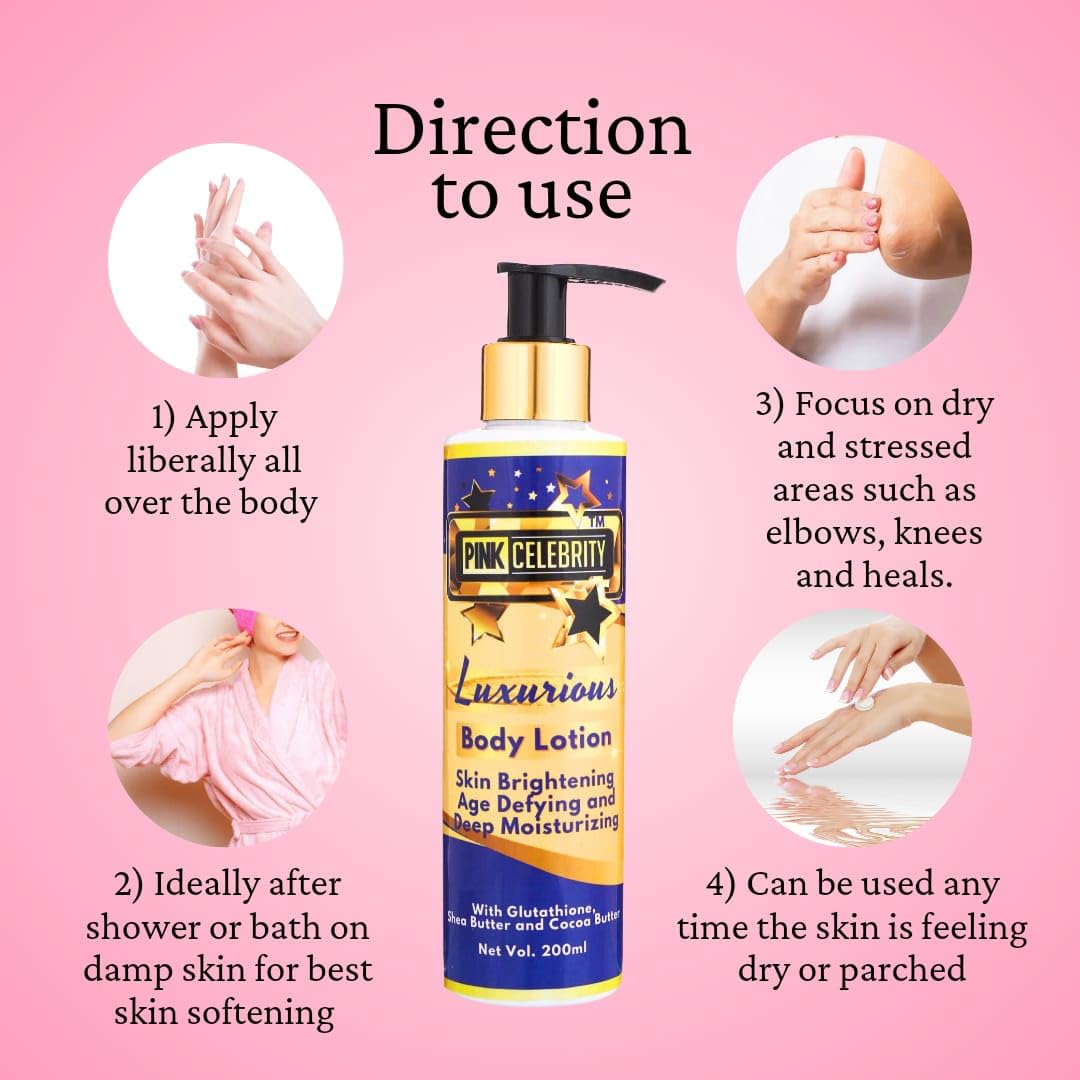 Pink Celebrity Body Lotion for Skin Brightening & Anti-Aging - Deep Moisturizing with Shea Butter & Cocoa Butter (200ml) - Perfect for Dry Skin Care & Daily Hydration