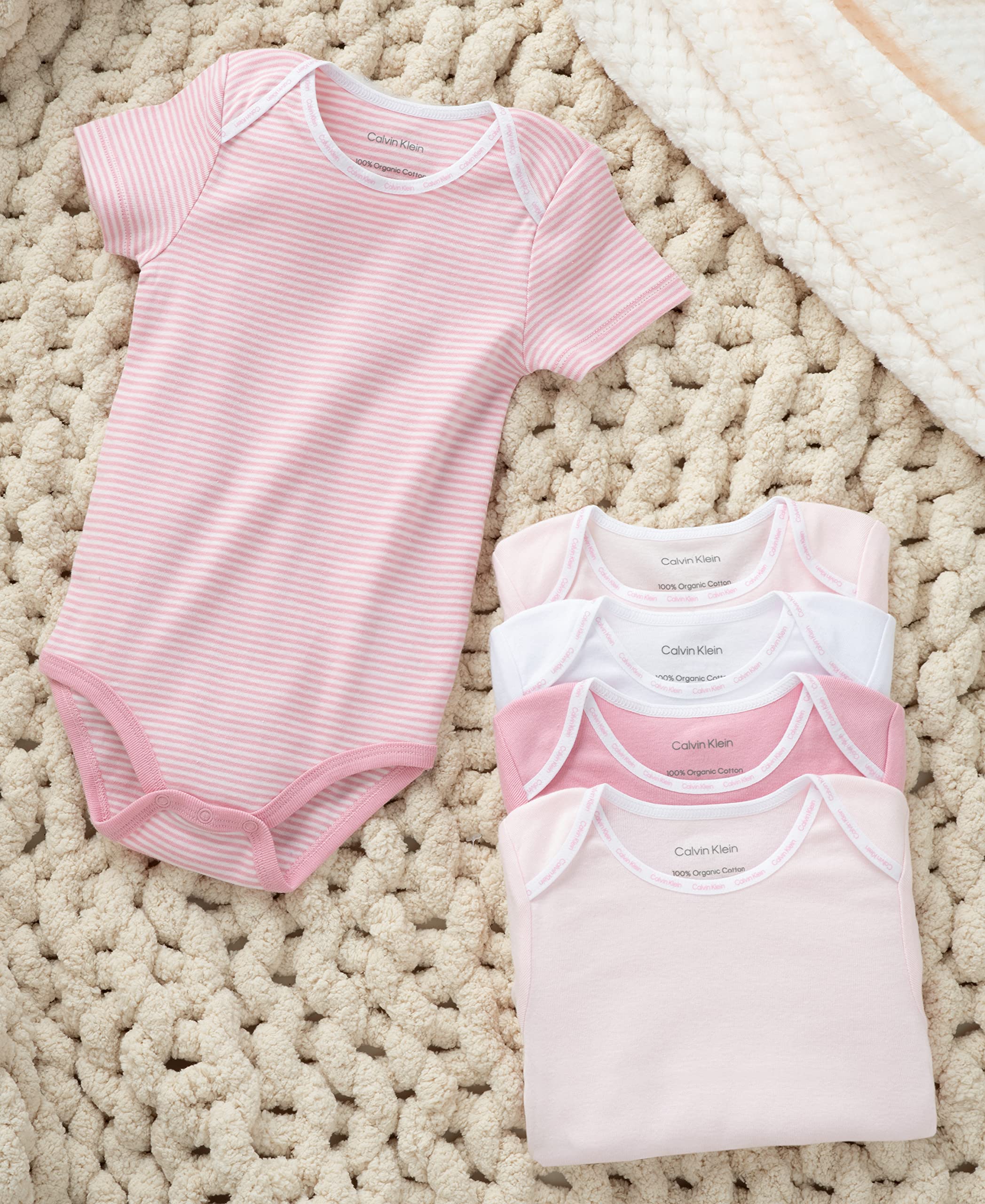 Calvin Klein Organic Cotton Baby Bodysuits 5-Pack - Soft & Hypoallergenic Onesies for Newborns & Infants - Perfect for Everyday Wear, Playtime & Photo Shoots