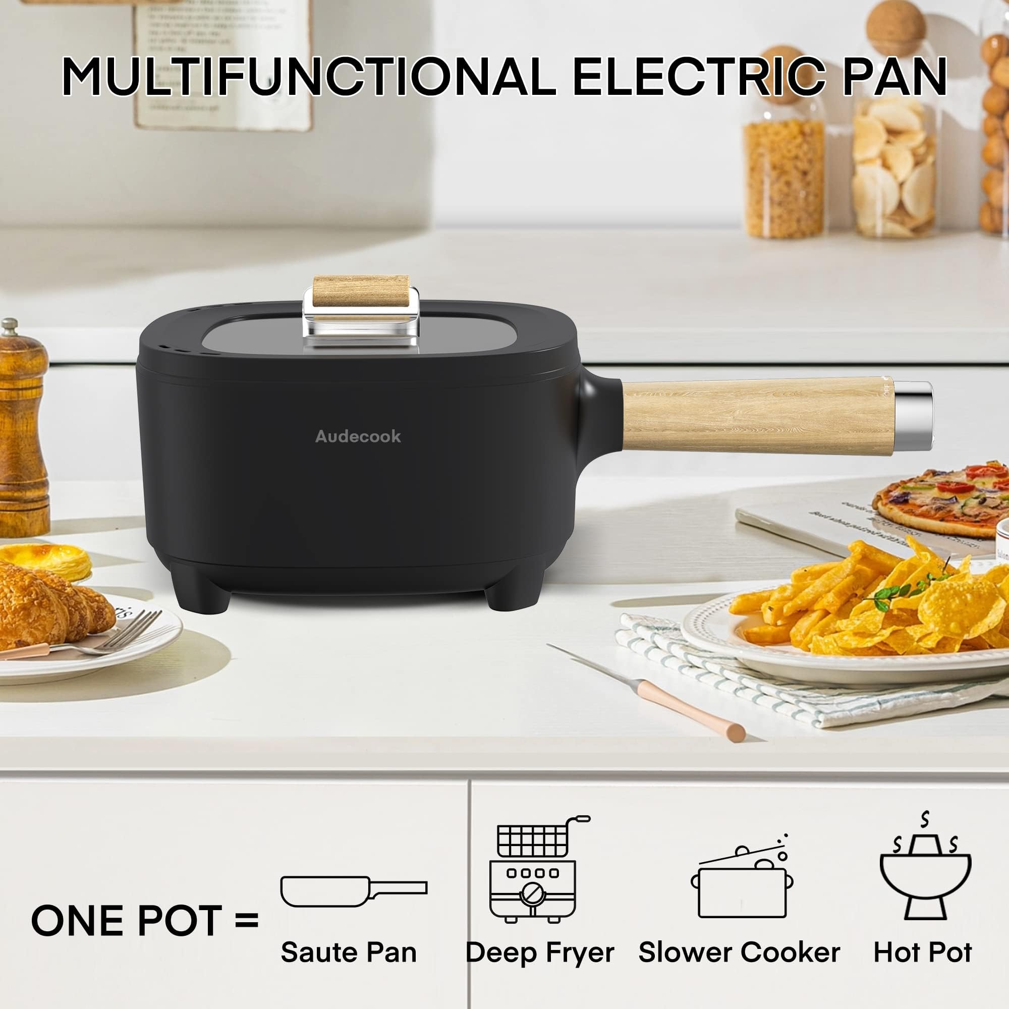 Audecook 2L Electric Hot Pot with Ceramic Non-Stick Coating - 8 Inch Portable Travel Cooker for Ramen, Steak, Fried Rice & Soup | Dual Power Control | Includes Silicone Spatula | Perfect for Dorm, Office, Camping & Small Kitchen Cooking
