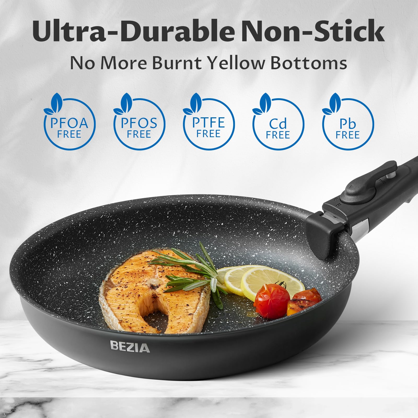 BEZIA 10-Piece Nonstick Induction Cookware Set with Removable Handles - PFAS Free Pots & Pans for Gas, Electric & Induction Hobs - Stackable, Dishwasher & Oven Safe - Perfect for Small Kitchens, RVs & Dorm Cooking