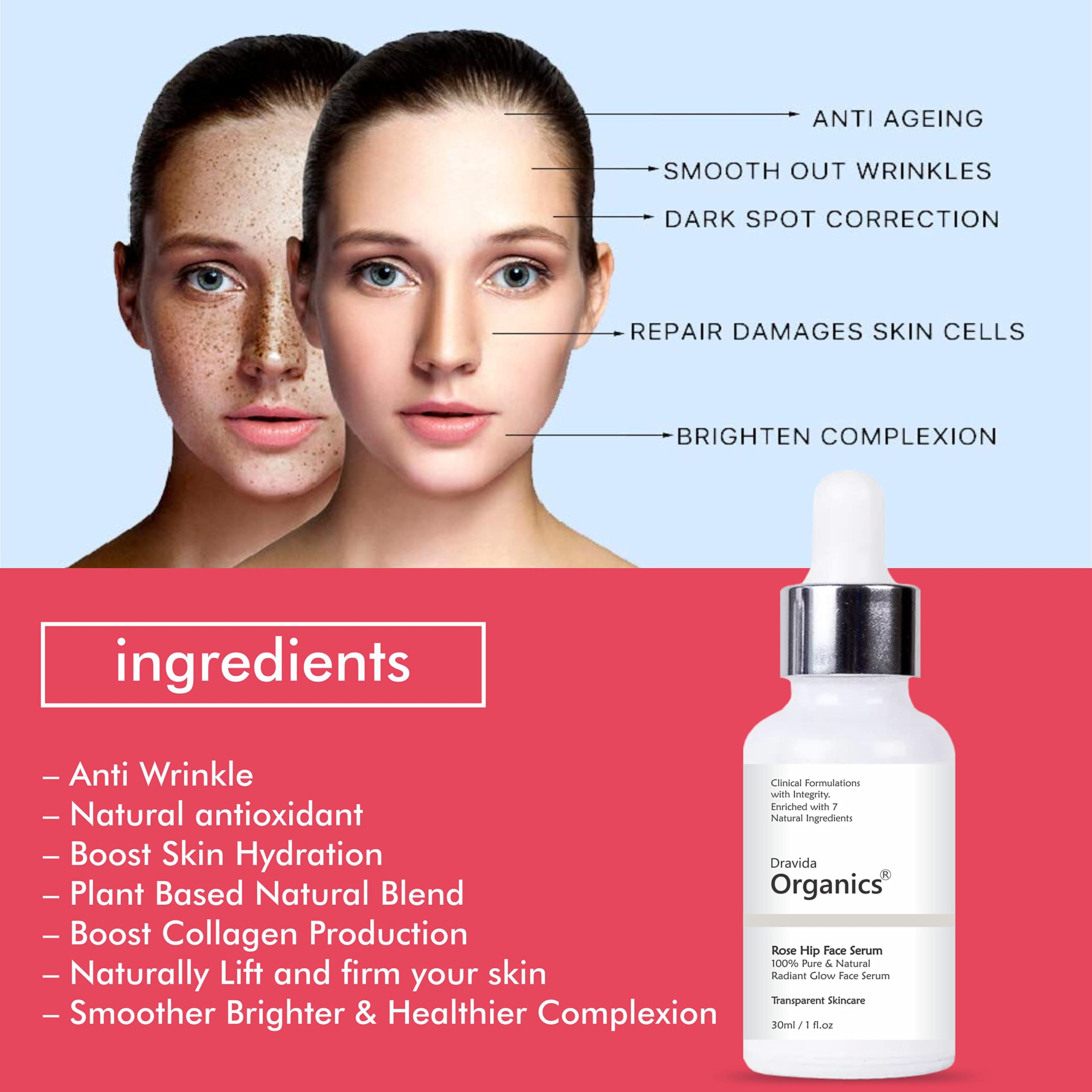 Dravida Organics Rose Hip Radiant Glow Face Serum - 30ml | Organic Anti-Aging Facial Serum with Vitamin C | Hydrates & Brightens Skin for Daily Skincare Routine
