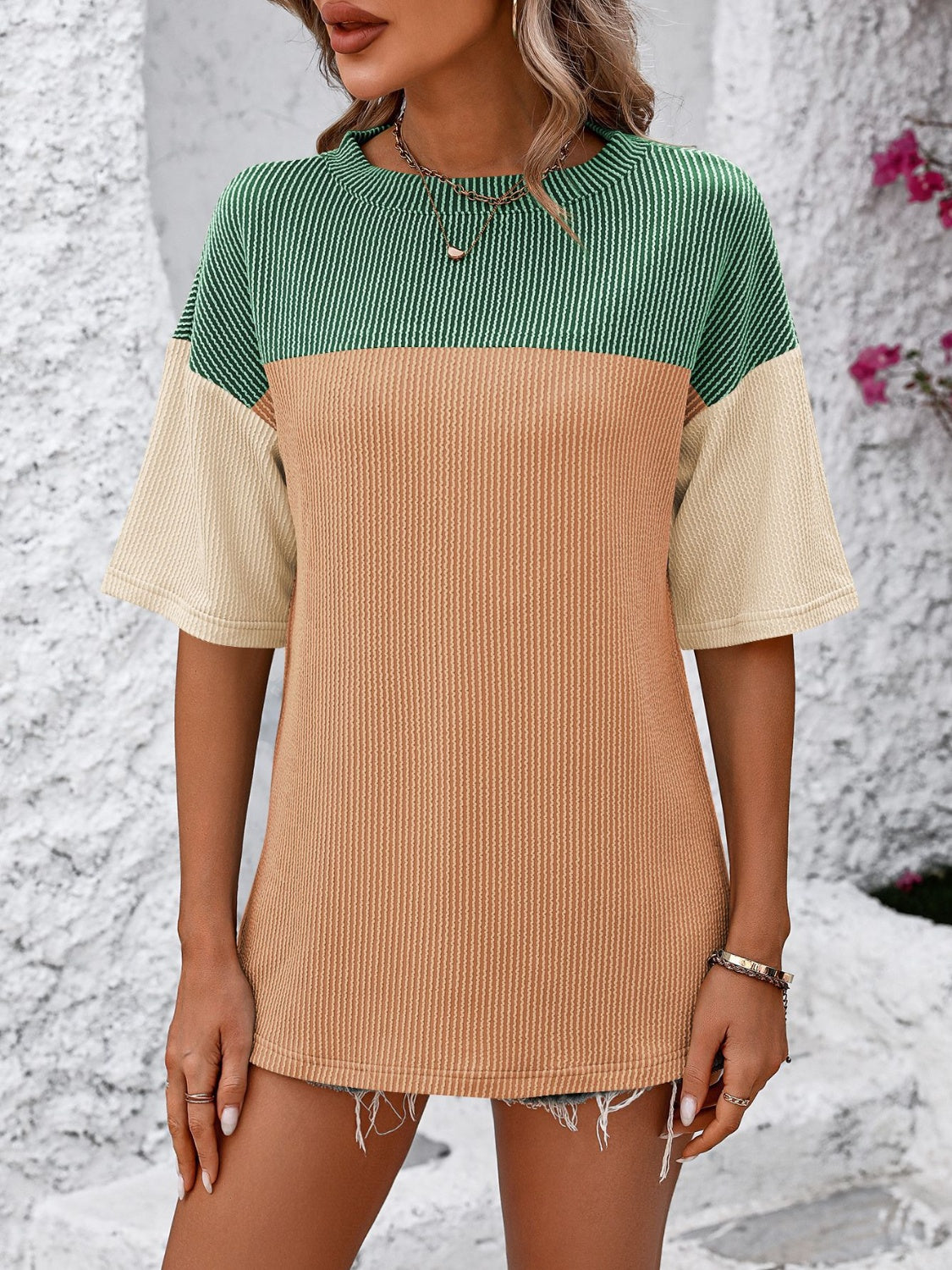 Color Block Round Neck Half Sleeve T-Shirt for Women - Casual Summer Fashion Top for Outfits, Streetwear & Everyday Wear
