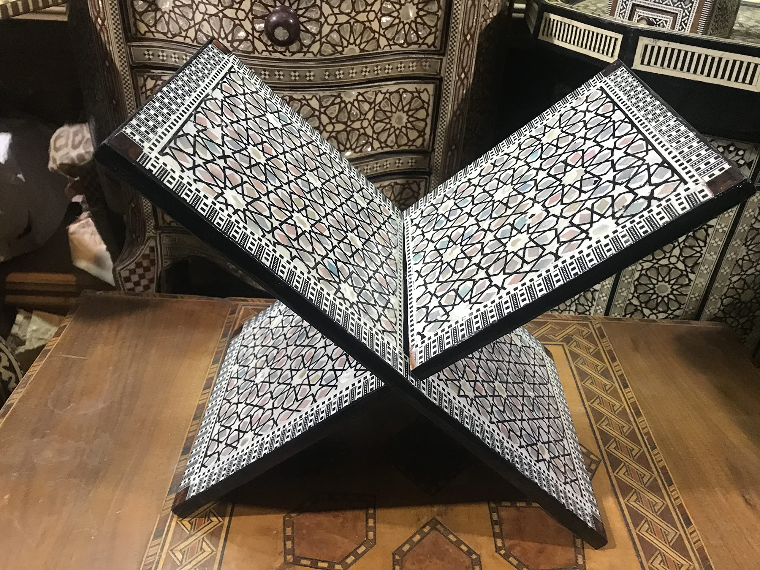 Handmade Egyptian Quran Stand - Beech Wood with Mother of Pearl Inlay | Islamic Prayer Book Holder | Perfect for Home, Mosque & Gift Giving