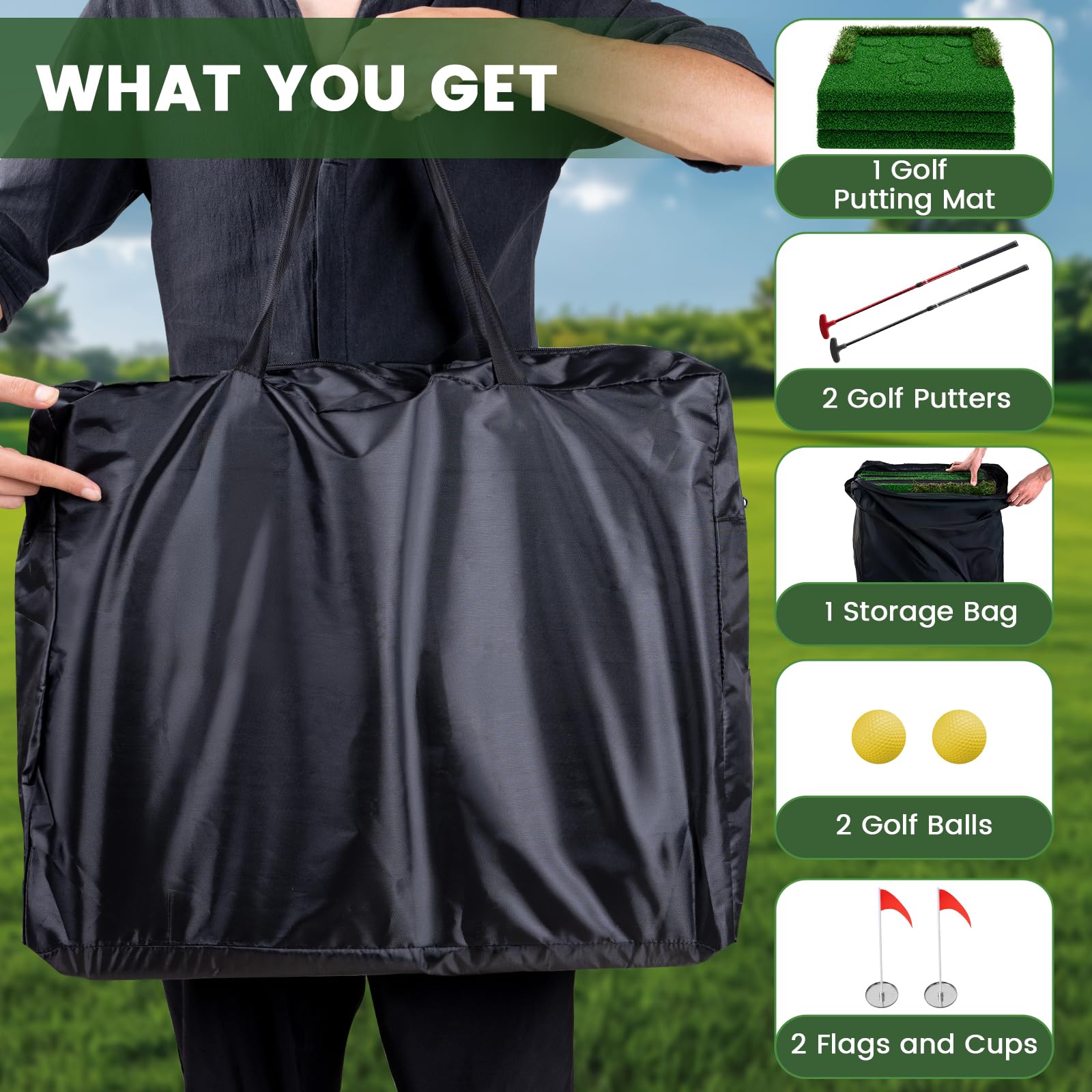 Premium Golf Pong Putting Green Set - Indoor & Outdoor Golf Game with 2 Putters, 2 Golf Balls, 2 Cups & Flags - Perfect Backyard Party, Practice Mat for Adults, Fathers & Golf Enthusiasts - Great for Family Gatherings, Birthday Parties & Golf Training