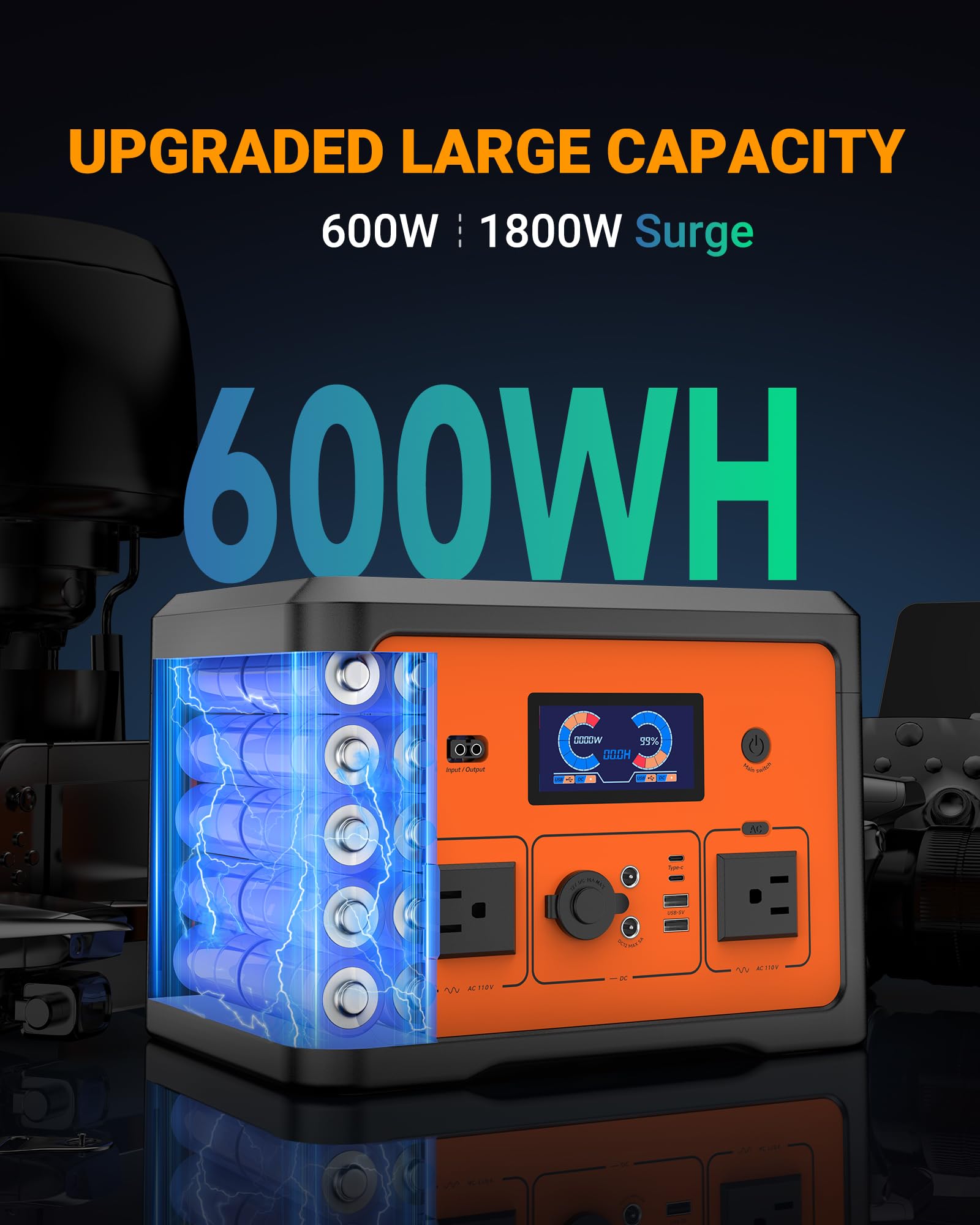 665.6Wh Portable Power Station with 1800W Peak - Solar Generator with UPS Battery Backup, Surge Protector & 10 Outlets - Bluetooth Speaker & LED Lights - Ideal for Home Backup, Camping, RV Travel, CPAP Machines & Outdoor Adventures