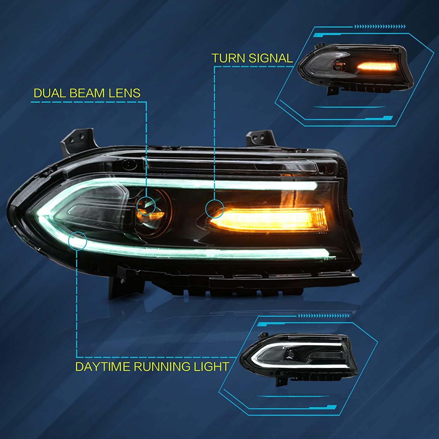 VLAND LED Headlight Assembly for Dodge Charger 2015-2020 - Multicolor DRL, Dual Beam Lens, Turn Signal, Plug & Play - Perfect for Night Driving & Car Upgrades (Not for Xenon/2021 Models)