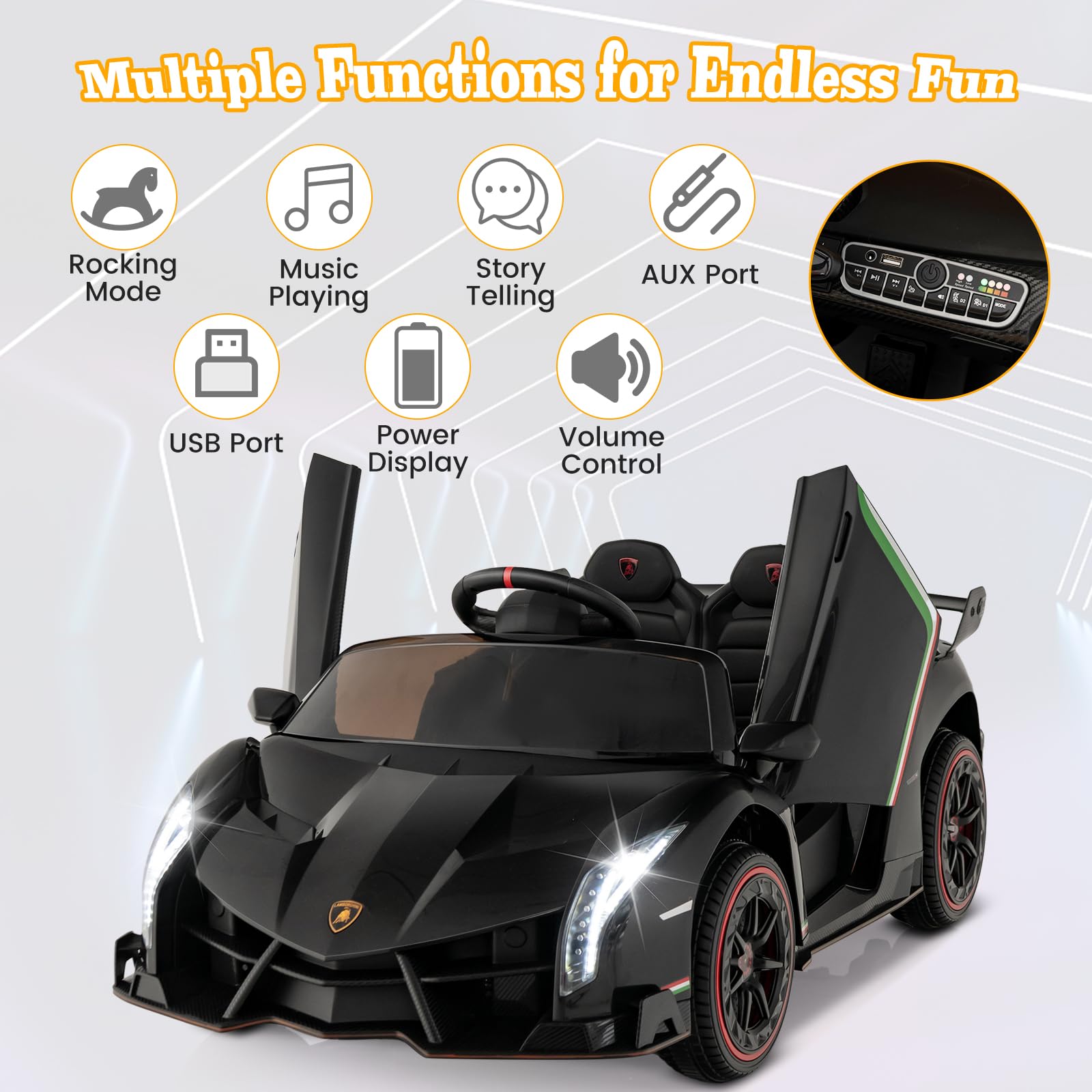 Costzon Licensed Lamborghini 12V Kids Electric Ride-On Car - 4WD Remote Control Sports Vehicle with 3 Speeds, Hydraulic Doors & LED Lights | Perfect Birthday Gift for Boys & Girls Ages 3-8 | Outdoor Play, Backyard Fun & Pretend Driving Adventures
