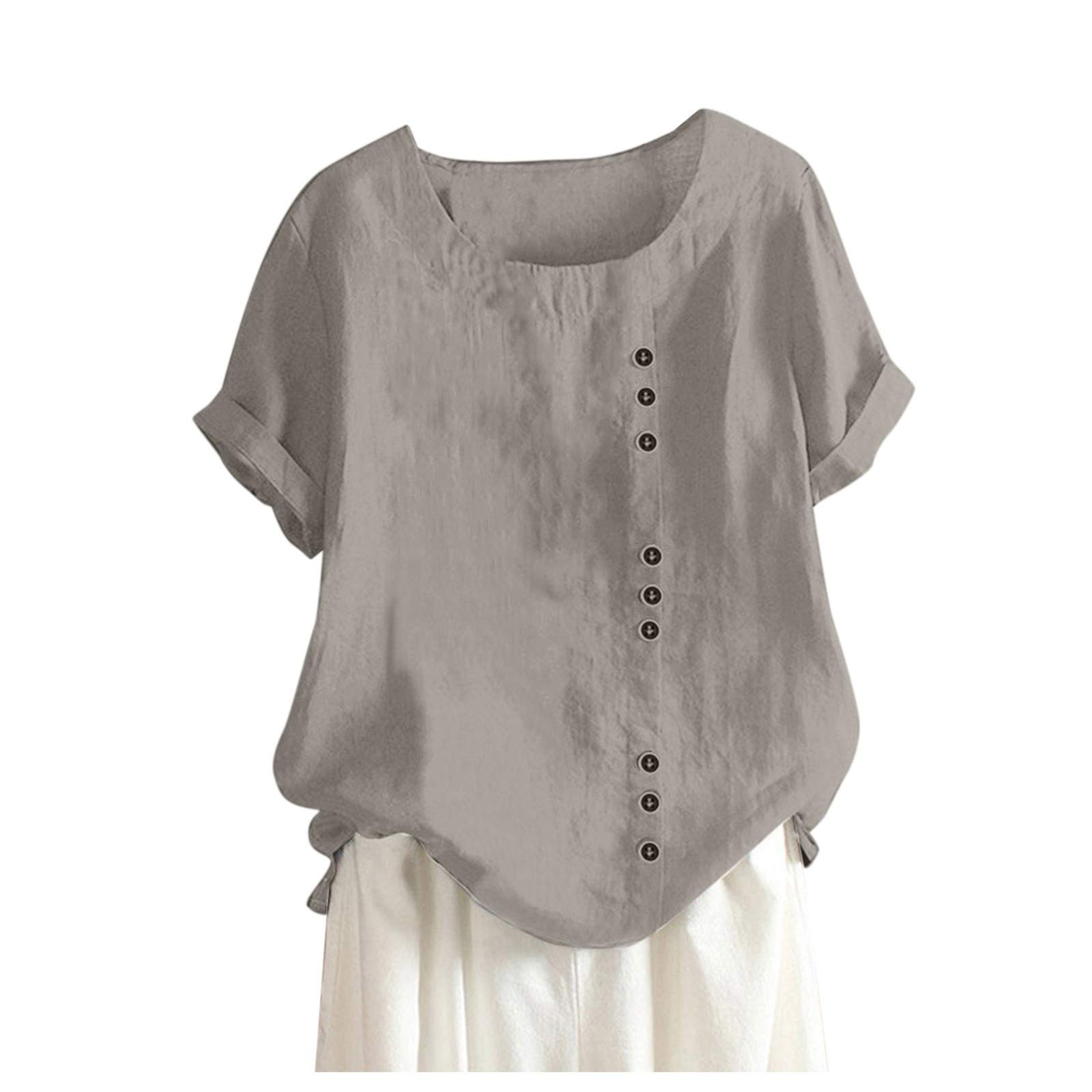 FQZWONG Women's Fashion Blouses 2023 - Casual Short Sleeve Crew Neck Button Down Boho Tops for Summer | Perfect for Beach Outings, Vacations & Casual Wear
