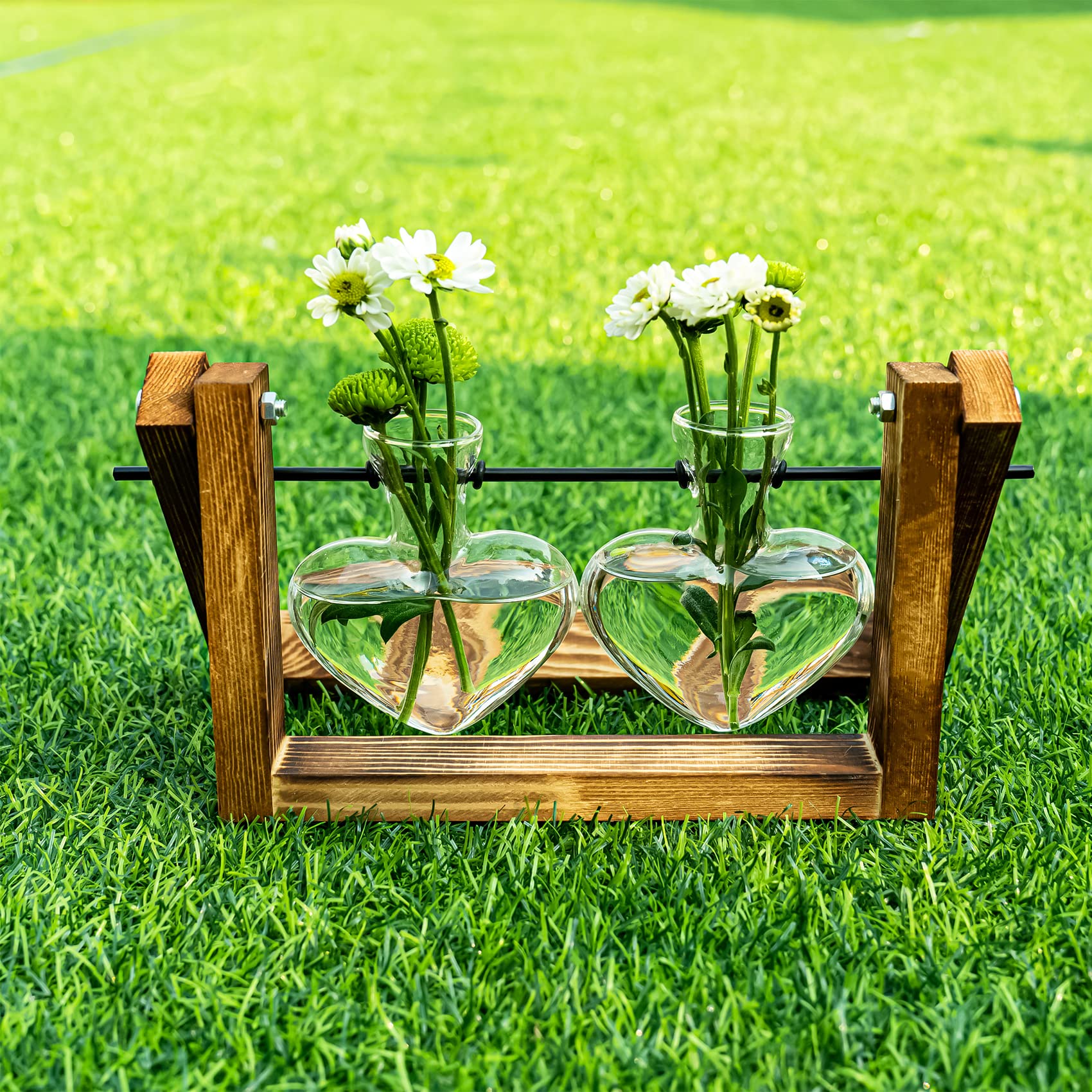 Retro Wooden Stand Glass Desktop Planter with 2 Hearts - Indoor Plant Terrarium Vase for Home, Office Desk Decor | Perfect for Succulents, Air Plants & Small Flowers