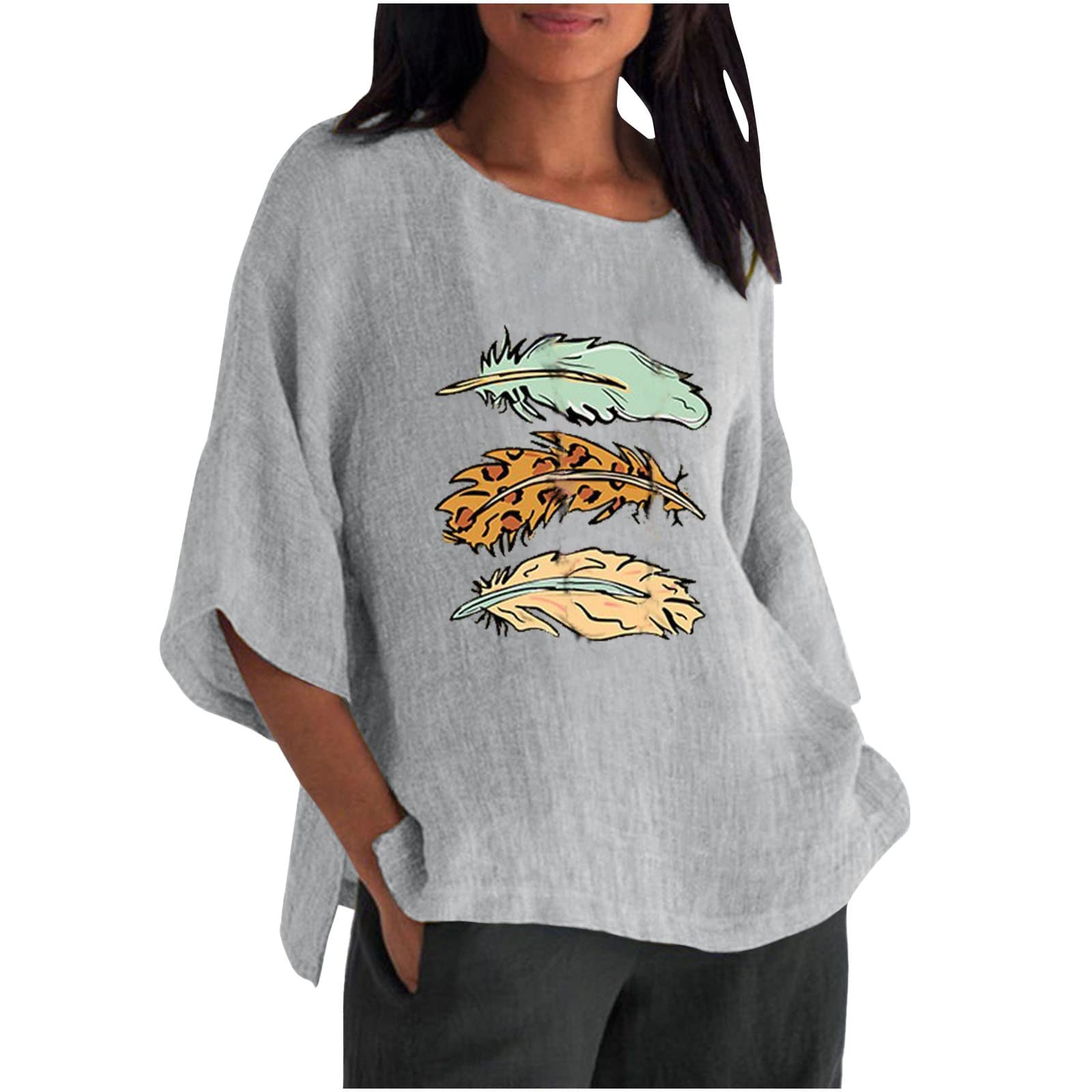 Women's Casual Cotton Linen 3/4 Sleeve Crew Neck Tunic Top with Cute Elephant Feather Print - Loose Pullover Blouse for Summer Outfits, Beach Wear & Boho Style
