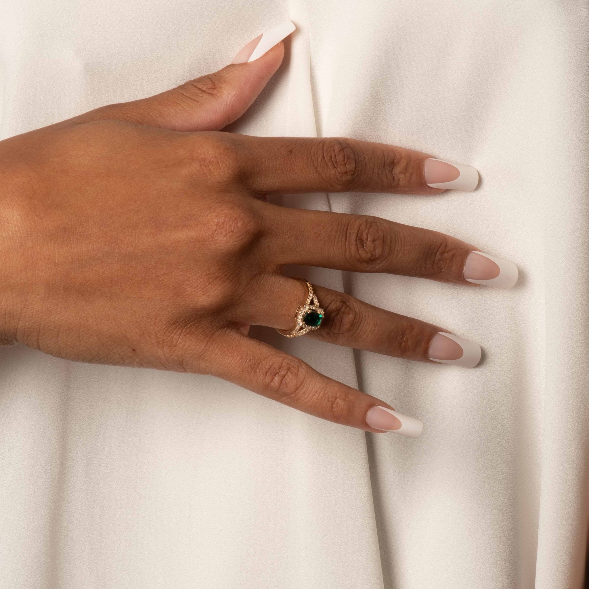 Cushion Cut Emerald Ring with White Sapphire Halo & Split Shank in 10K Yellow Gold | Elegant Engagement, Wedding, Anniversary Jewelry Gift for Her