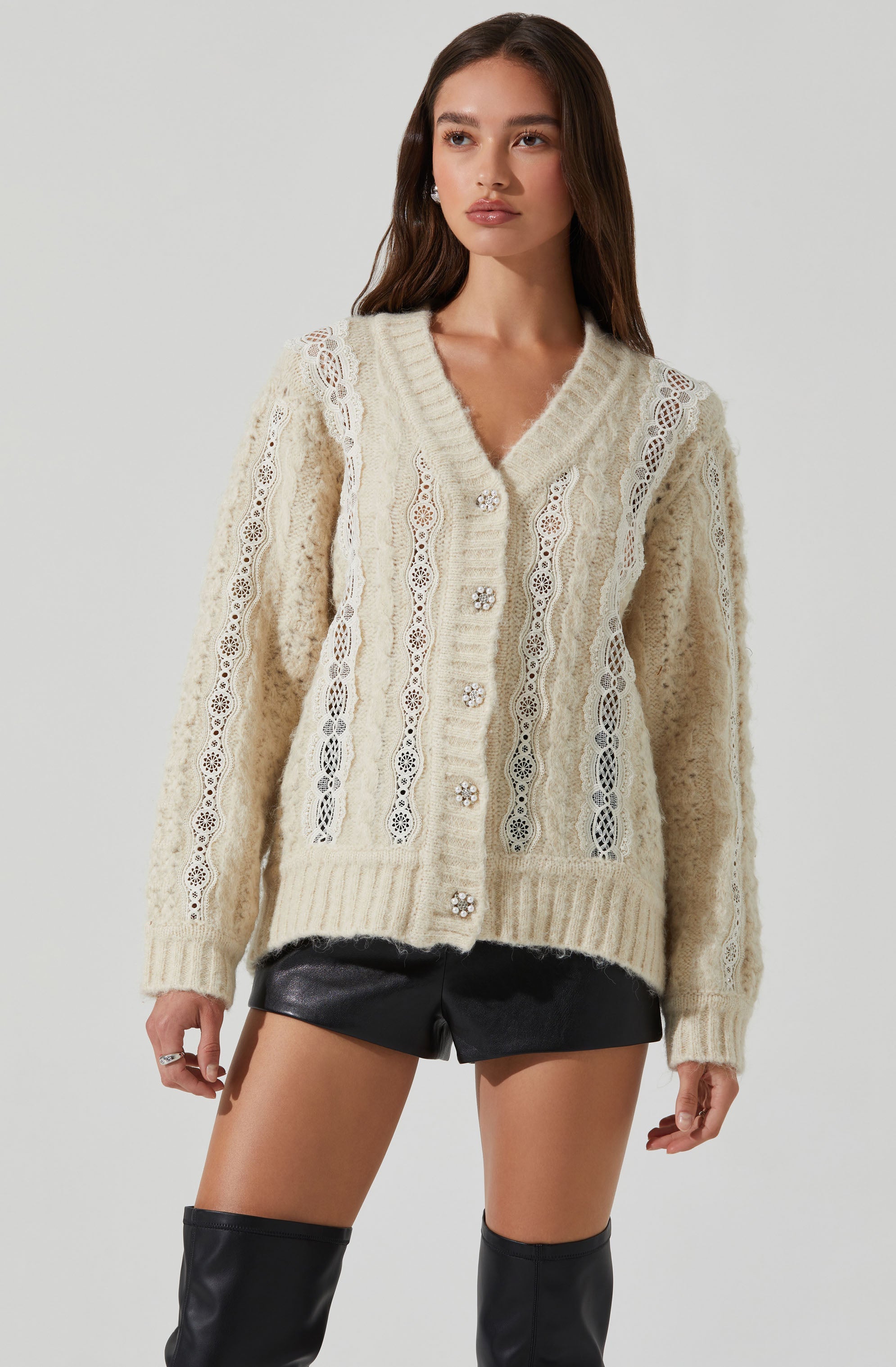Elegant Nesmarie Lace Embellished Cardigan for Women - Soft Knit Open Front Sweater | Perfect for Office, Date Night & Special Occasions