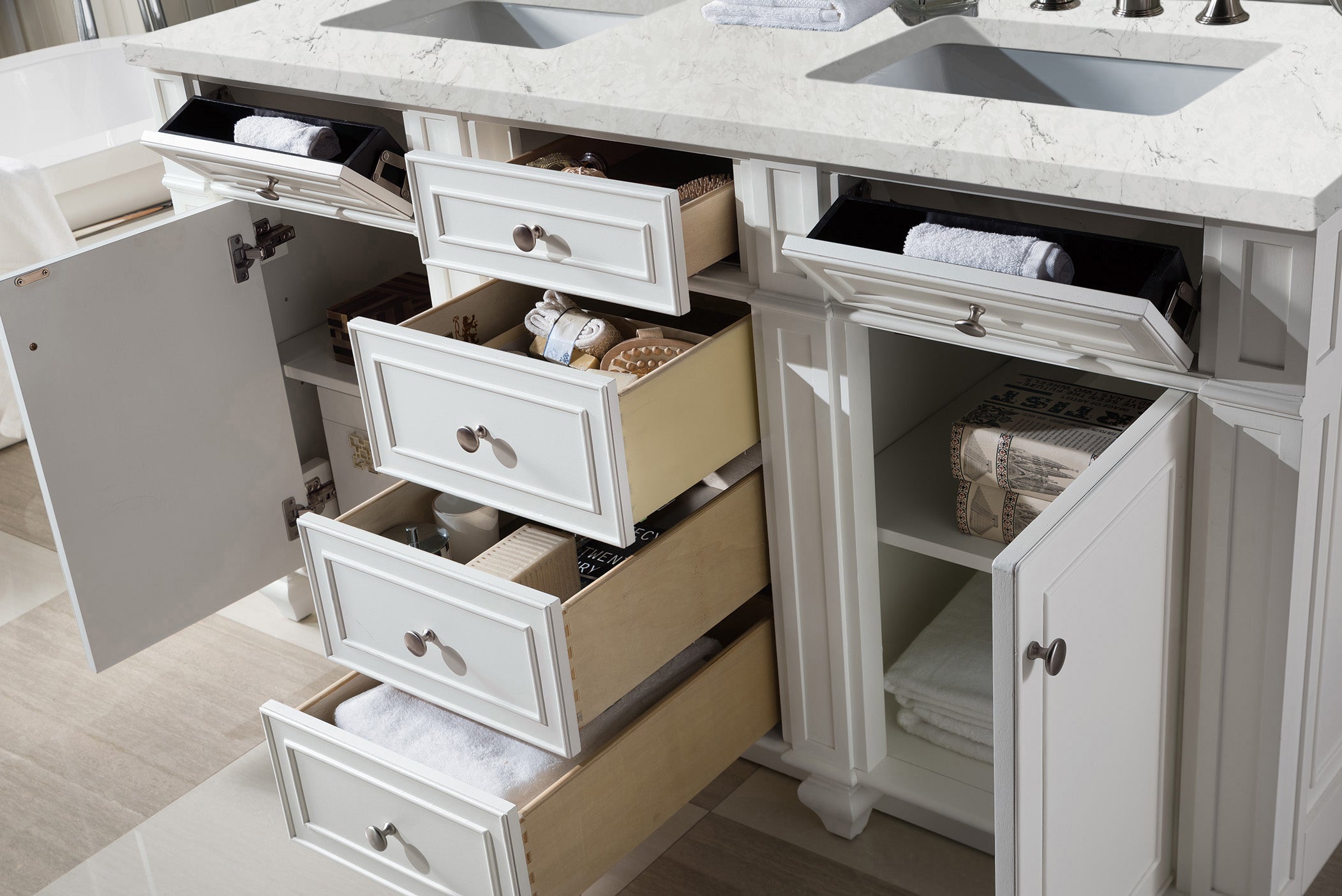Bristol 60 Inch Double Bathroom Vanity with White Finish & 3CM Eternal Jasmine Pearl Quartz Countertop - Perfect for Master Bathroom Renovation and Modern Home Decor