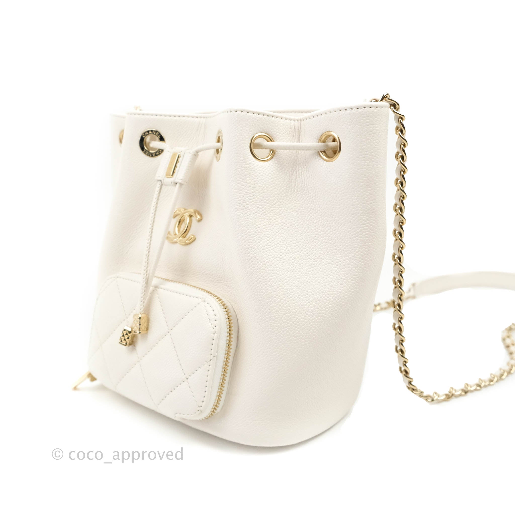 Chanel Business Affinity Drawstring Bucket Bag in White Caviar Leather with Gold Hardware - Perfect for Work, Travel & Everyday Luxury