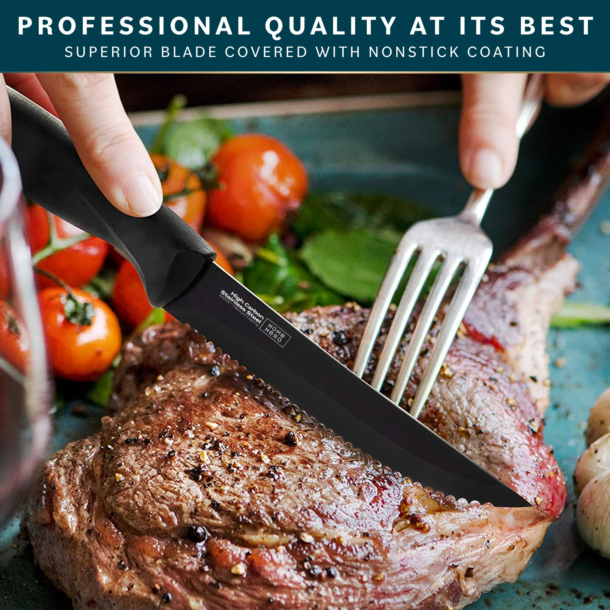 Premium Steak Knives Set - 6-Piece High-Carbon Stainless Steel Serrated Knives with Ergonomic Handles (Black) - Perfect for Steak Dinners, BBQs, and Fine Dining at Home
