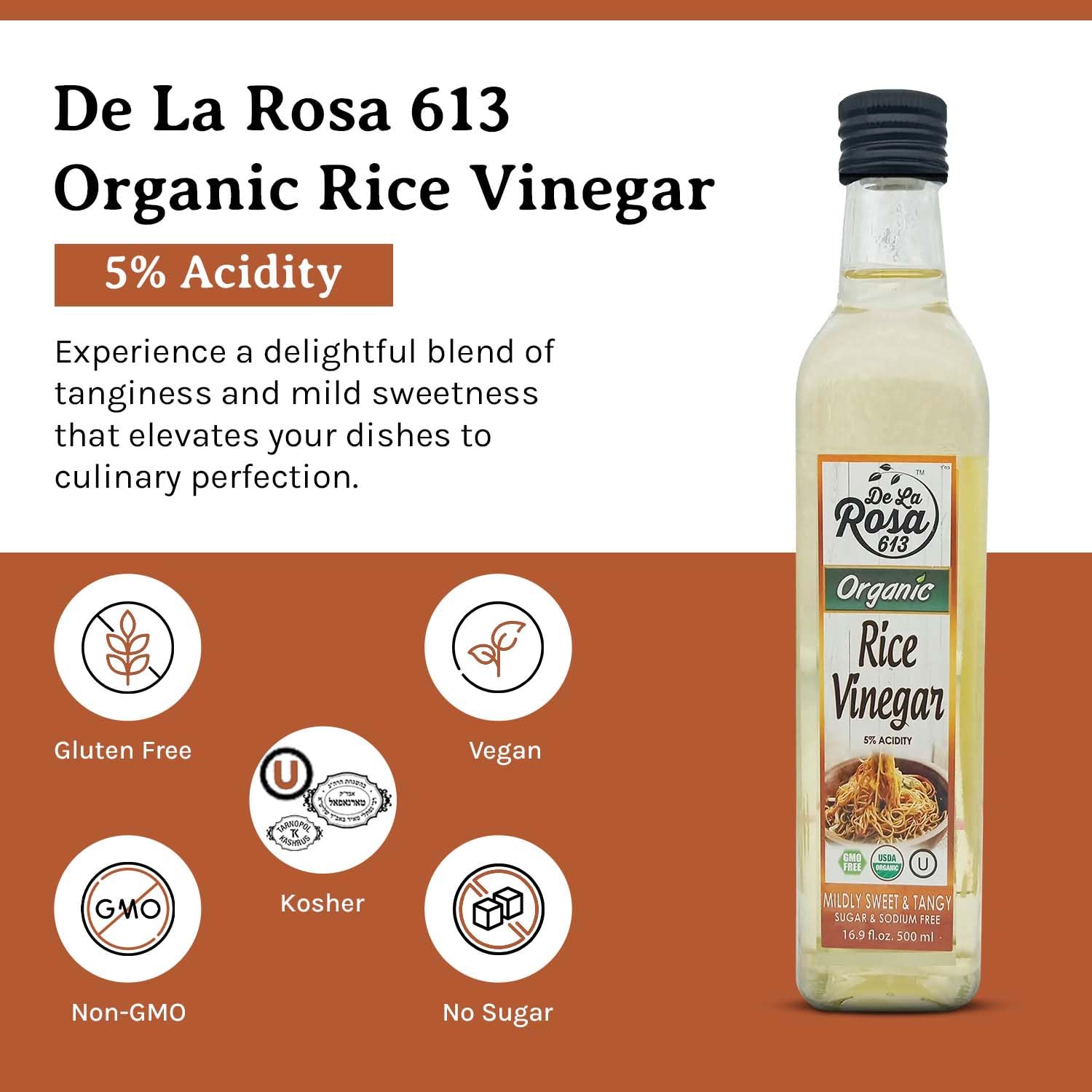 Organic Rice Vinegar 5% Acidity - Kosher Certified for Cooking, Sushi, Salad Dressing & Asian Cuisine | 16.9 Oz (Pack of 2) | Perfect for Marinades, Pickling & Healthy Recipes