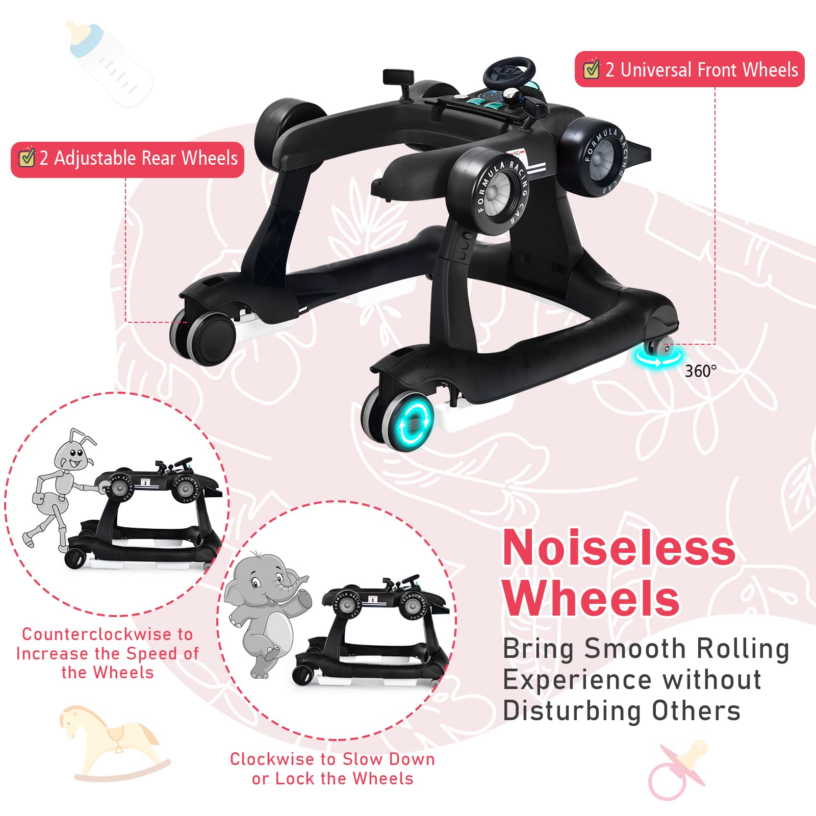 BABY JOY 4-in-1 Foldable Baby Walker with Adjustable Height & Speed - Musical Light-Up Activity Walker with Anti-Rollover Wheels for Toddlers 6-18 Months (Black) | Perfect for Learning to Walk, Indoor Play & Early Development
