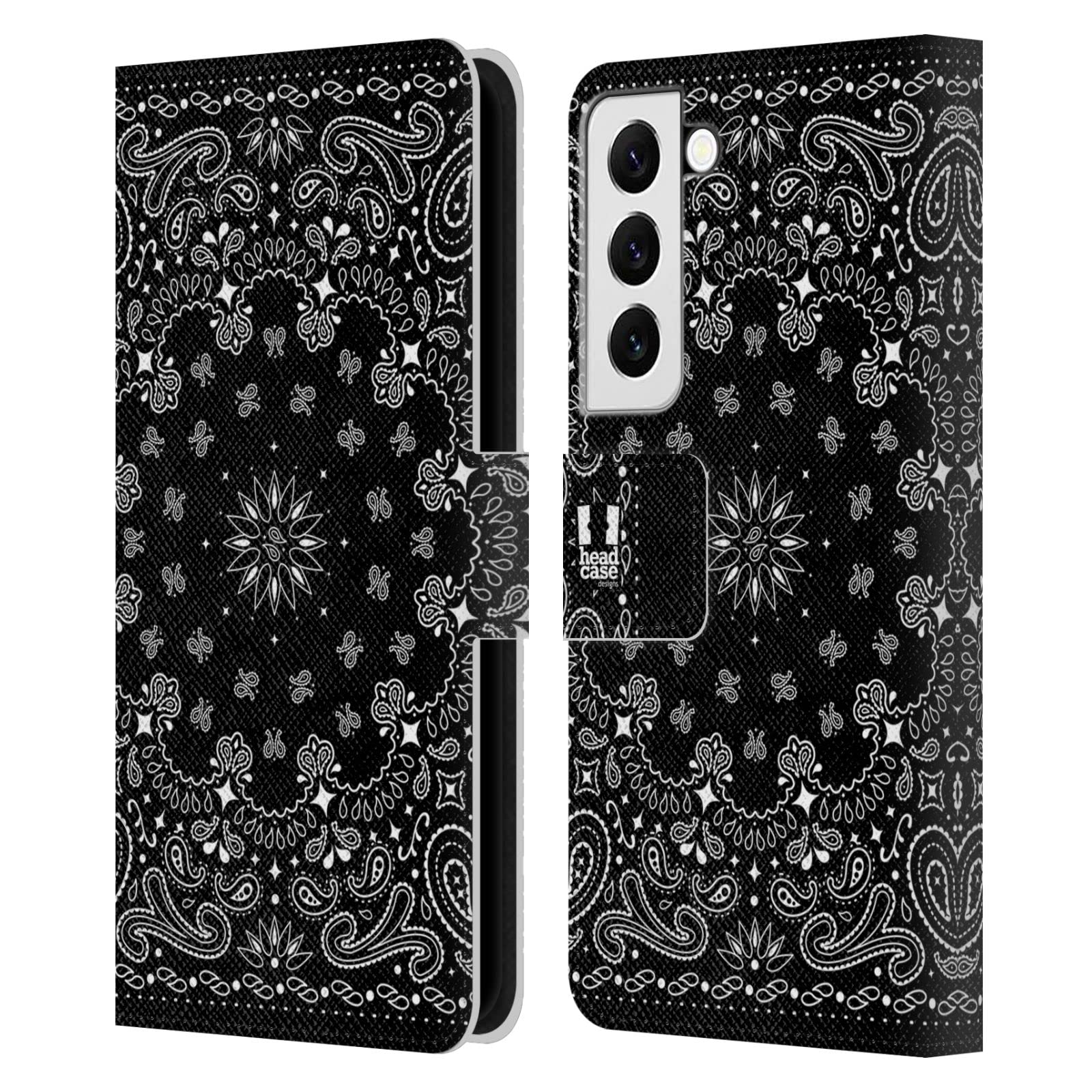 Head Case Designs Black Classic Paisley Bandana Leather Book Wallet Case Cover for Samsung Galaxy S22 5G - Perfect for Everyday Protection & Stylish Outfits