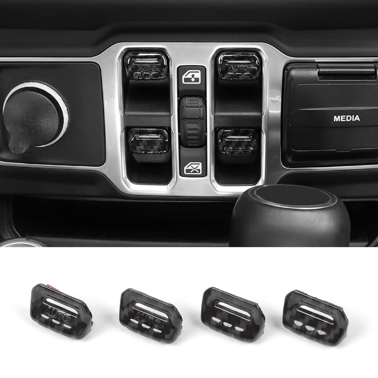 Jeep Wrangler JL JLU (2018-2023) & Gladiator JT (2020-2023) 4-Piece Carbon Fiber Center Console Window Button Switch Cover Trim Kit - Interior Upgrade Accessories for Enhanced Style & Protection (Fits All Models)
