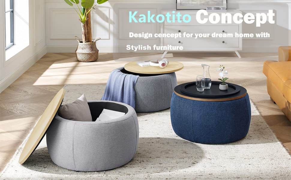 Modern Round Storage Ottoman with Wooden Lid - Handmade Circle Coffee Table, End Table & Footstool for Living Room - Dark Gray - Perfect for Small Spaces, Home Decor & Extra Seating
