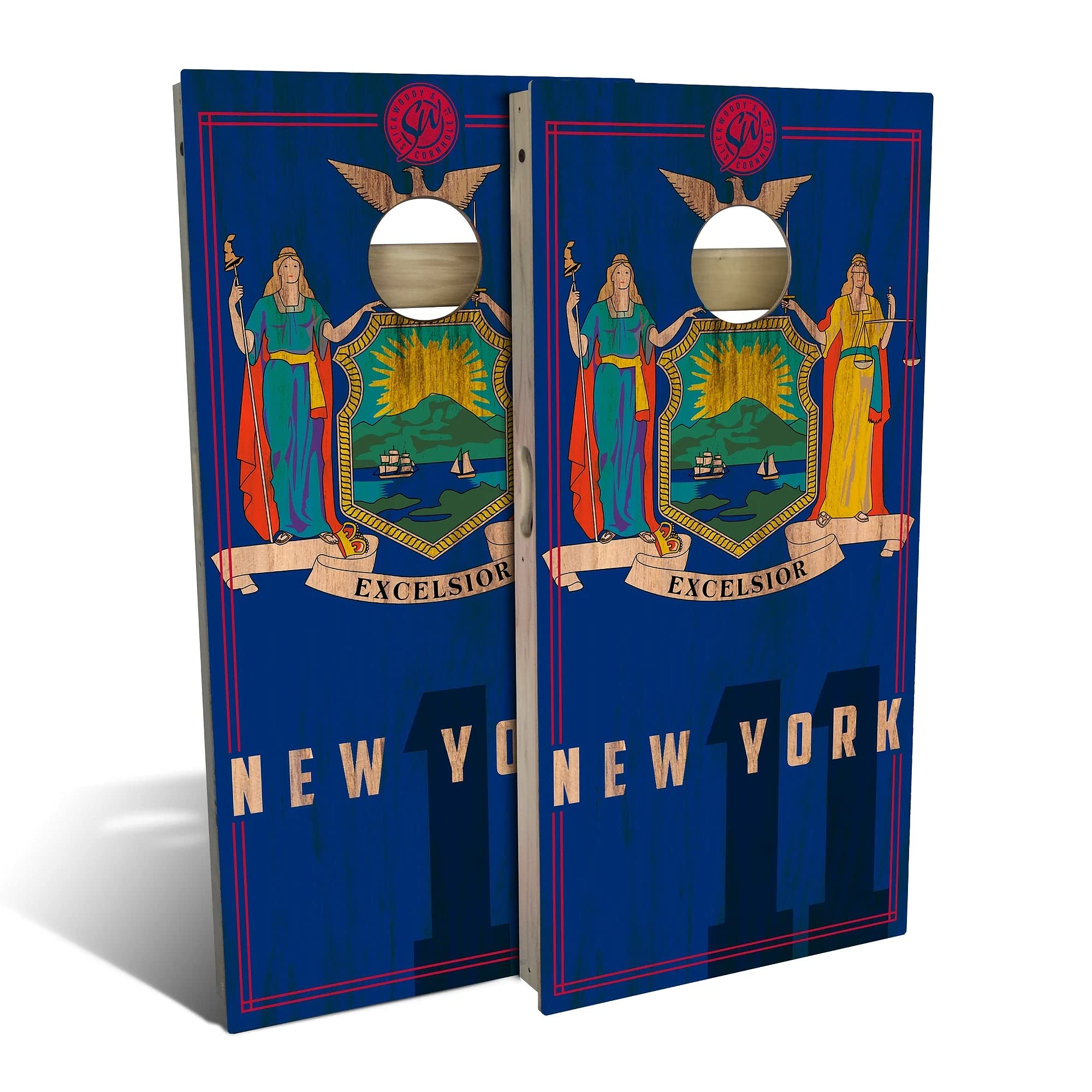 Skip's Garage New York Flag 2.0 Cornhole Set - Premium Solid Wood Custom Cornhole Boards - Made in USA - Choose Size & Accessories - Perfect for Backyard Parties, Tailgating & Outdoor Games